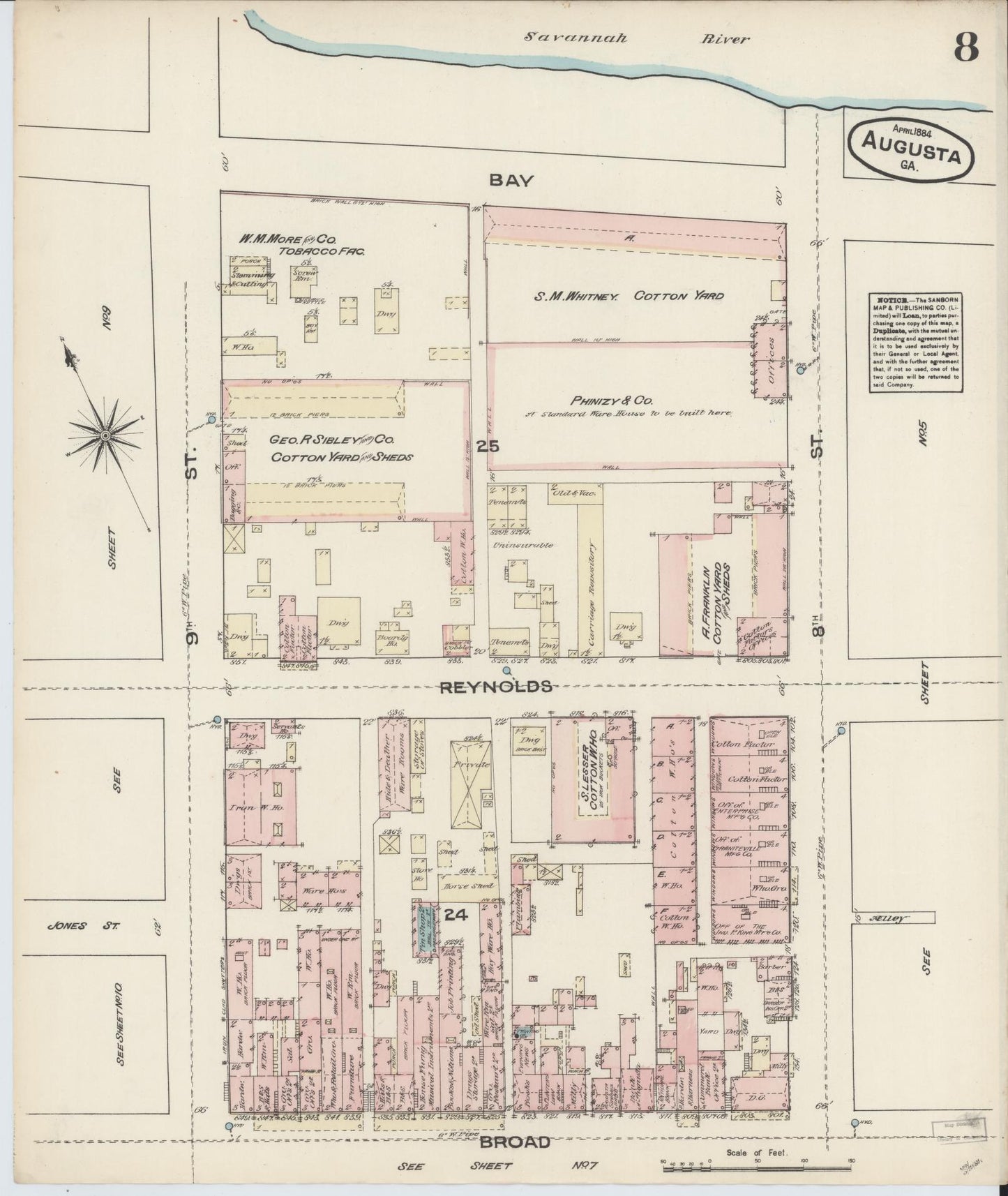Sanborn Fire Insurance Map from Augusta, Richmond County, Georgia (1884), Sheet #0008 - Historic Sanborn Fire Insurance Map Print, vintage old map wall art, antique decor, genealogy gift, Georgia Georgia map