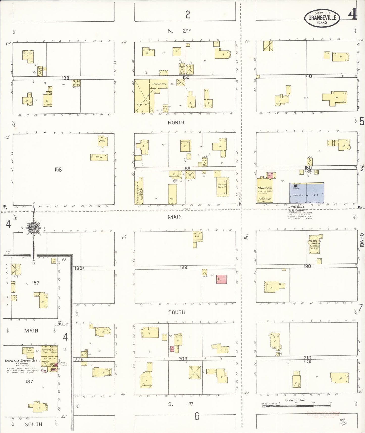 Sanborn Fire Insurance Map from Grangeville, Idaho County, Idaho (1910), Sheet #0004 - Historic Sanborn Fire Insurance Map Print, vintage old map wall art, antique decor, genealogy gift, Grangeville Idaho map