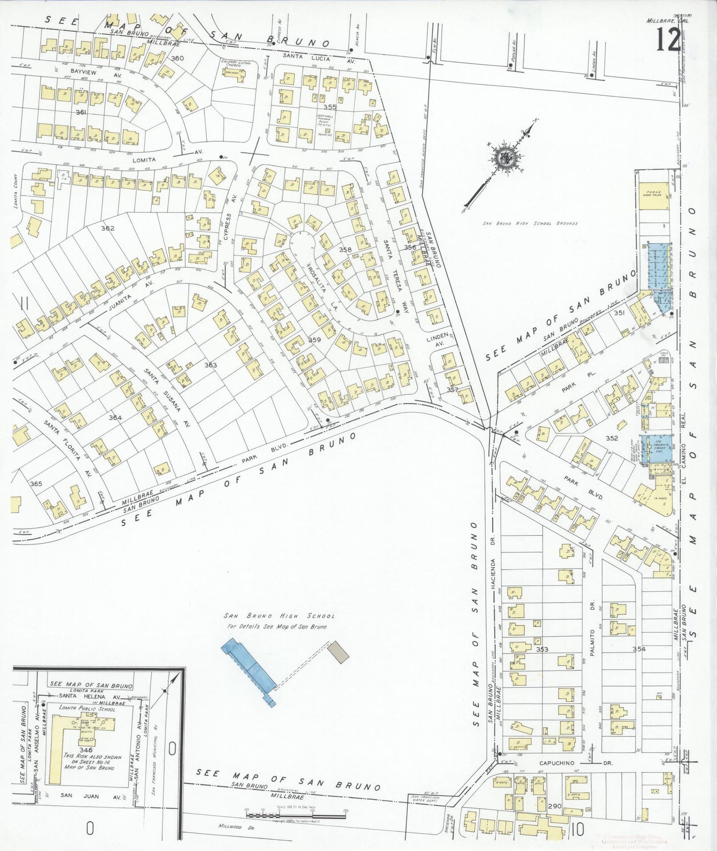 Sanborn Fire Insurance Map from Millbrae, San Mateo County, California (1949), Sheet #0012 - Historic Sanborn Fire Insurance Map Print, vintage old map wall art, antique decor, genealogy gift, California California map