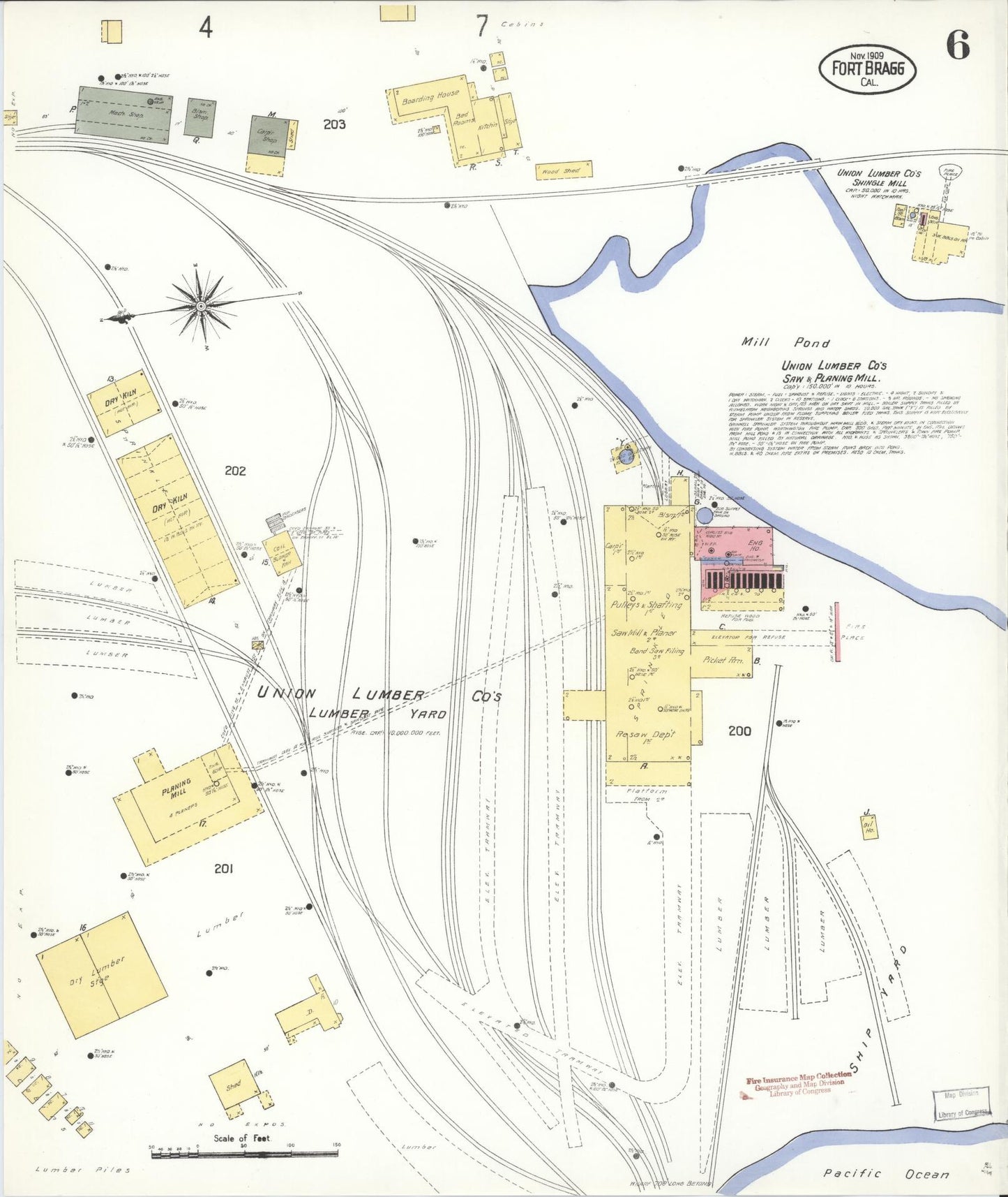 Sanborn Fire Insurance Map from Fort Bragg, Mendocino County, California (1909), Sheet #0006 - Historic Sanborn Fire Insurance Map Print, vintage old map wall art, antique decor, genealogy gift, California California map