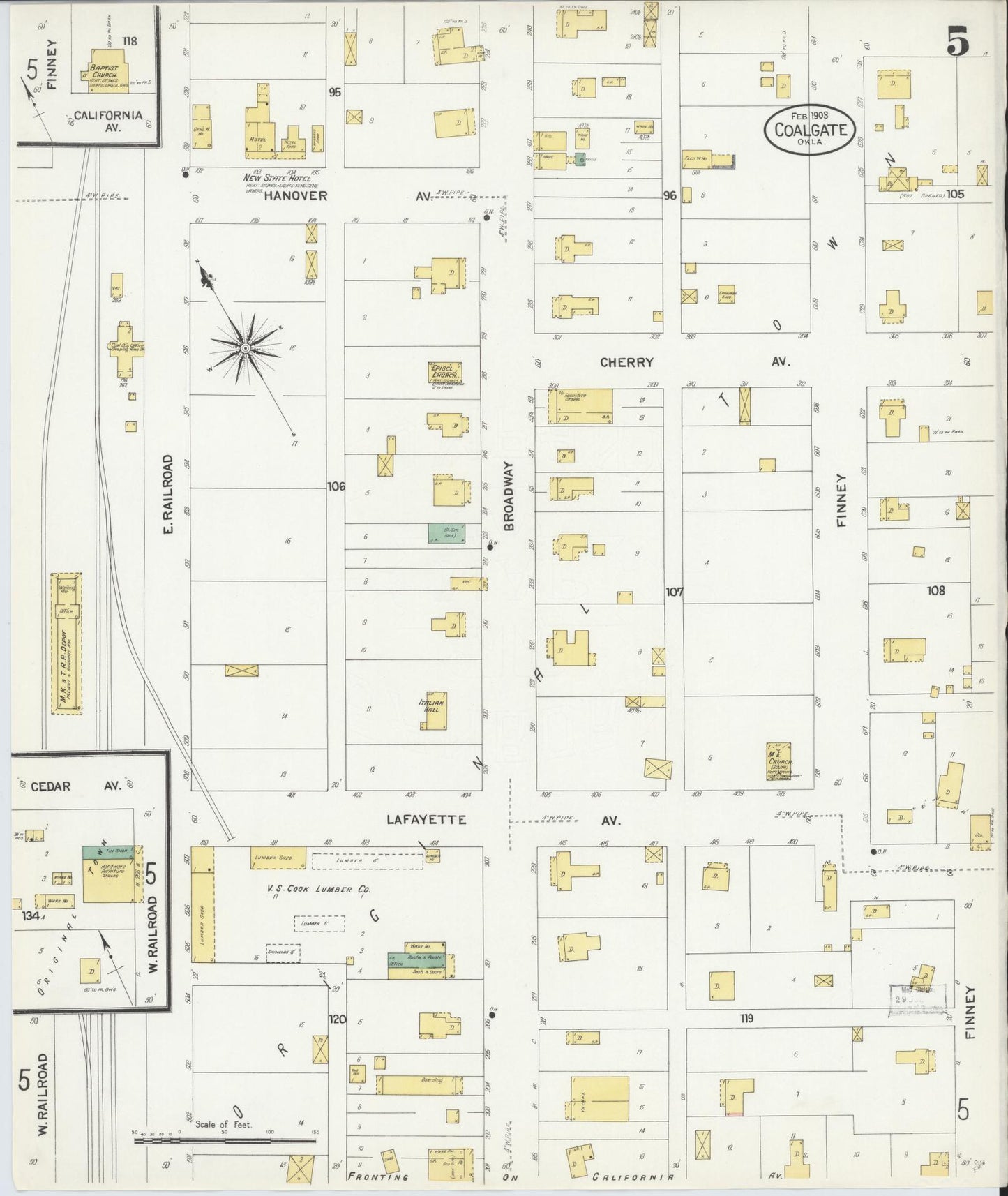 Sanborn Fire Insurance Map from Coalgate, Coal County, Oklahoma (1908), Sheet #0005 - Historic Sanborn Fire Insurance Map Print, vintage old map wall art, antique decor, genealogy gift, Oklahoma Oklahoma map