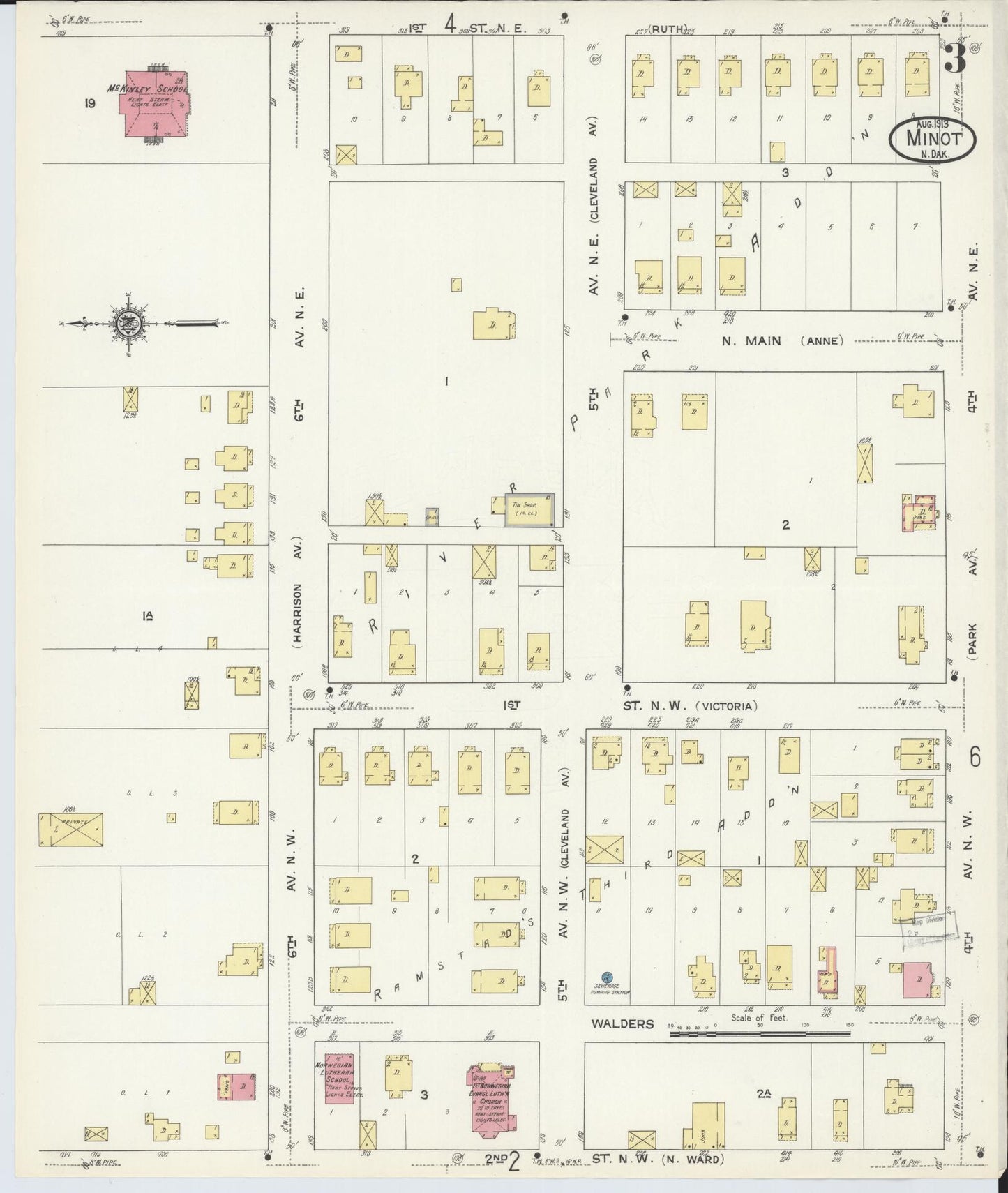 Sanborn Fire Insurance Map from Minot, Ward County, North Dakota (1913), Sheet #0003 - Historic Sanborn Fire Insurance Map Print, vintage old map wall art, antique decor, genealogy gift, North Dakota North Dakota map