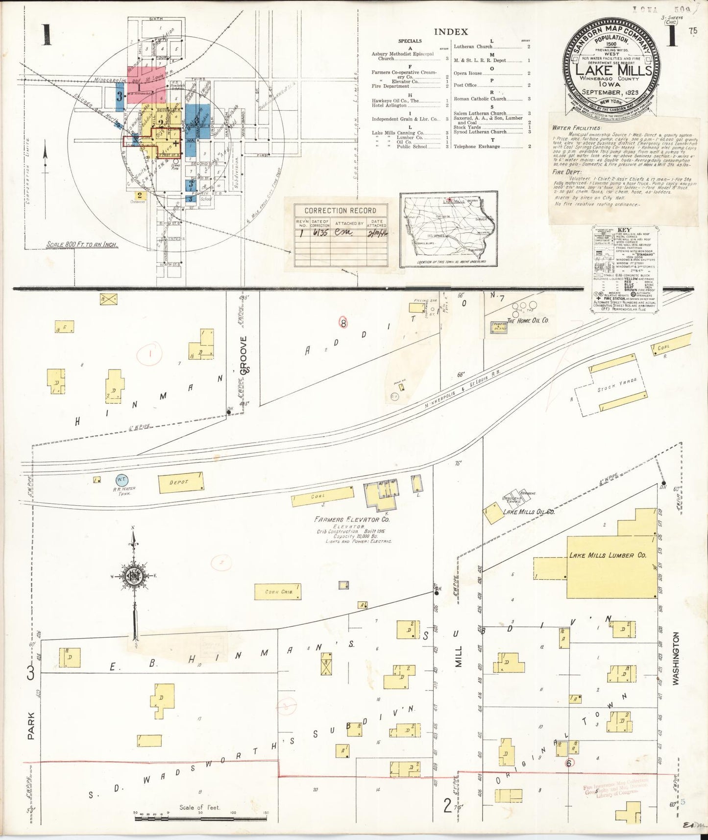 Sanborn Fire Insurance Map from Lake Mills, Winnebago County, Iowa (1935), Sheet #0001 - Historic Sanborn Fire Insurance Map Print, vintage old map wall art