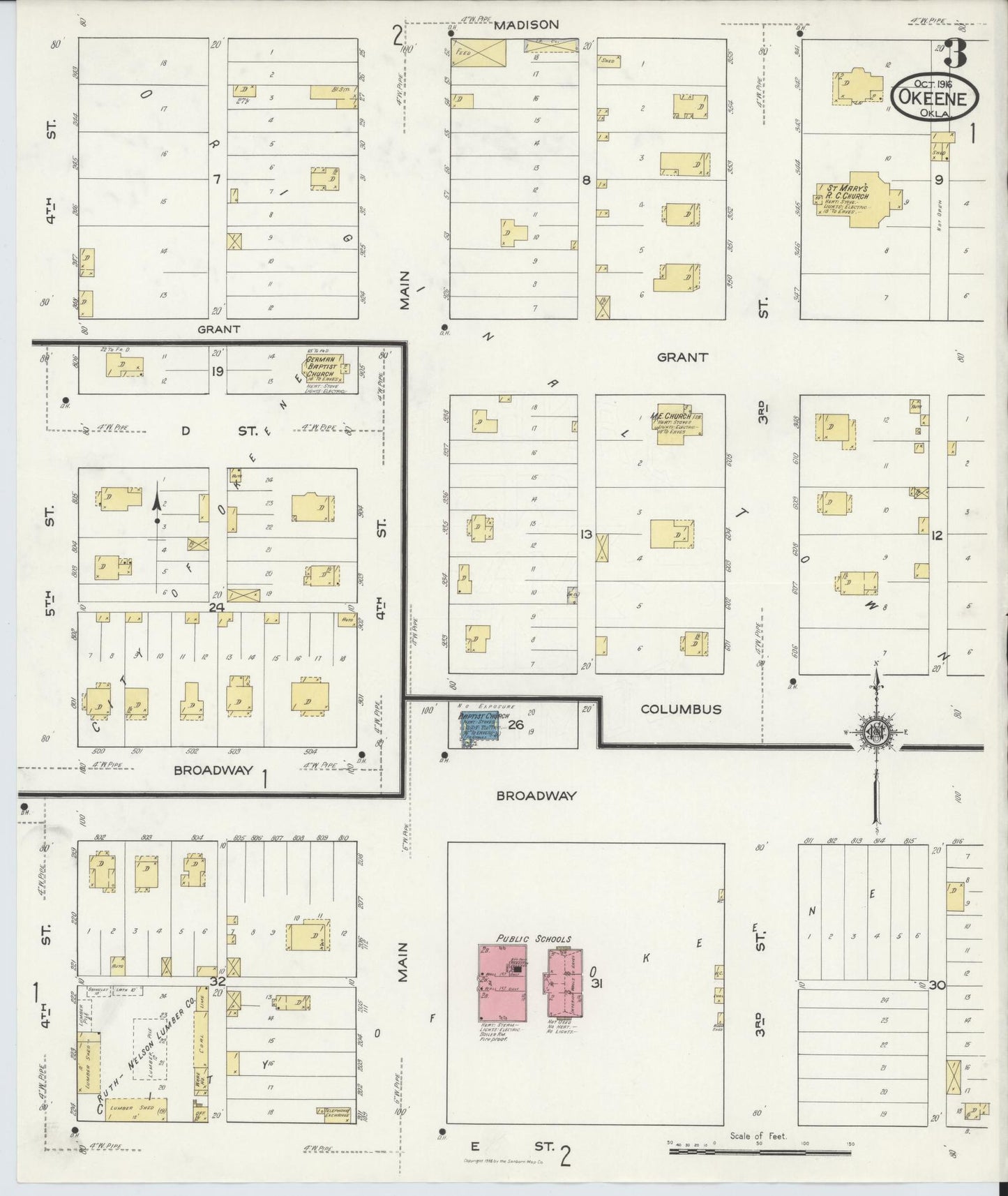 Sanborn Fire Insurance Map from Okeene, Blaine County, Oklahoma (1916), Sheet #0003 - Historic Sanborn Fire Insurance Map Print, vintage old map wall art, antique decor, genealogy gift, Oklahoma Oklahoma map
