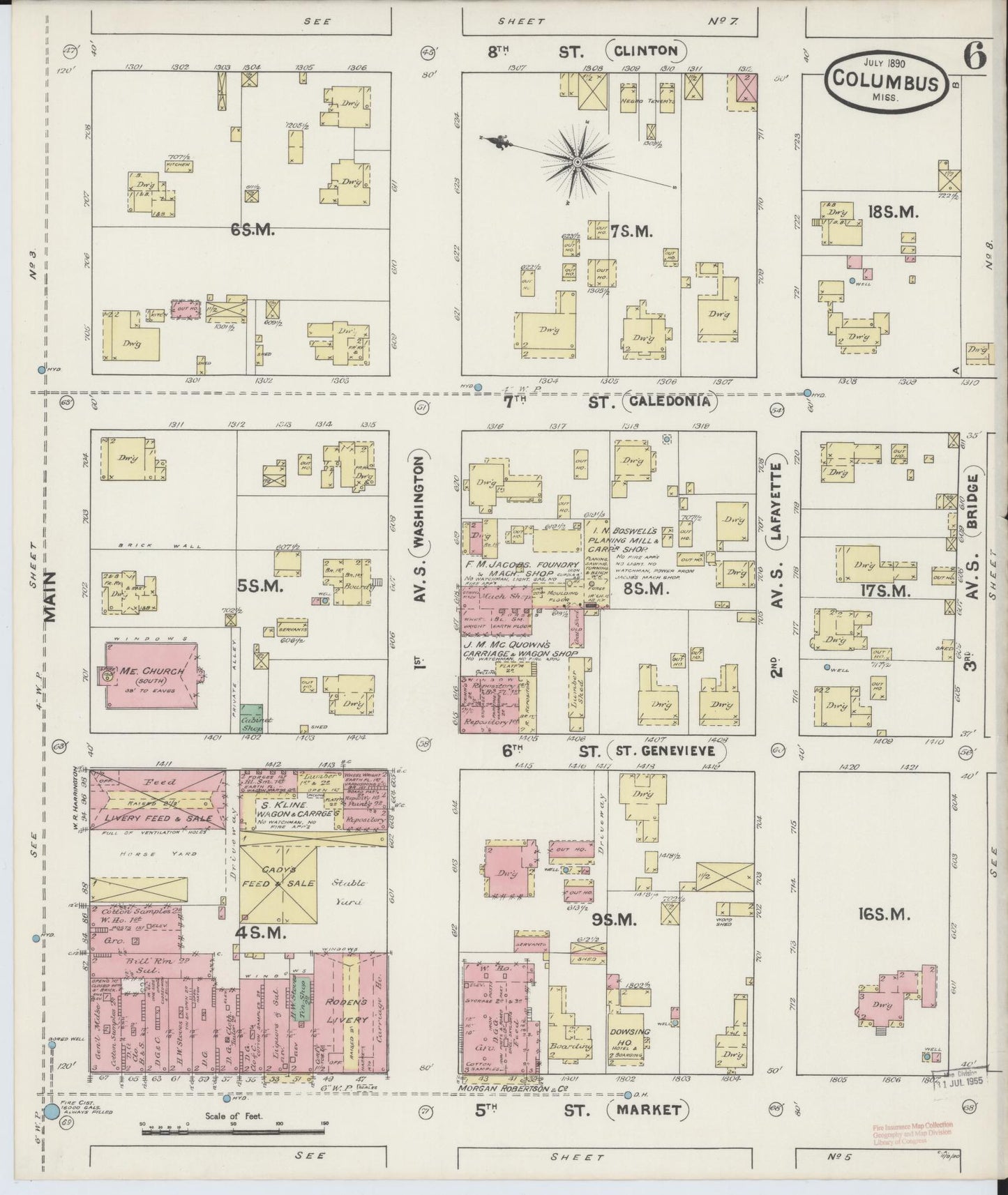 Sanborn Fire Insurance Map from Columbus, Lowndes County, Mississippi (1890), Sheet #0006 - Historic Sanborn Fire Insurance Map Print, vintage old map wall art, antique decor, genealogy gift, Mississippi Mississippi map