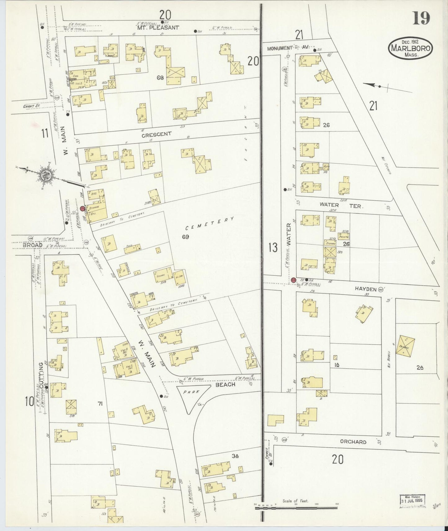 Sanborn Fire Insurance Map from Marlborough, Middlesex County, Massachusetts (1912), Sheet #0019 - Historic Sanborn Fire Insurance Map Print, vintage old map wall art, antique decor, genealogy gift, Massachusetts Massachusetts map