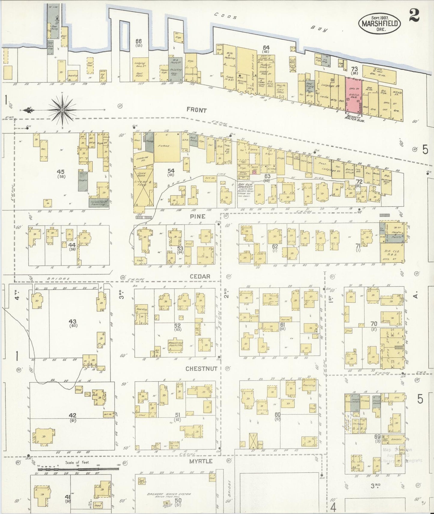 Sanborn Fire Insurance Map from Marshfield, Coos County, Oregon (1907), Sheet #0002 - Historic Sanborn Fire Insurance Map Print, vintage old map wall art, antique decor, genealogy gift, Oregon Oregon map