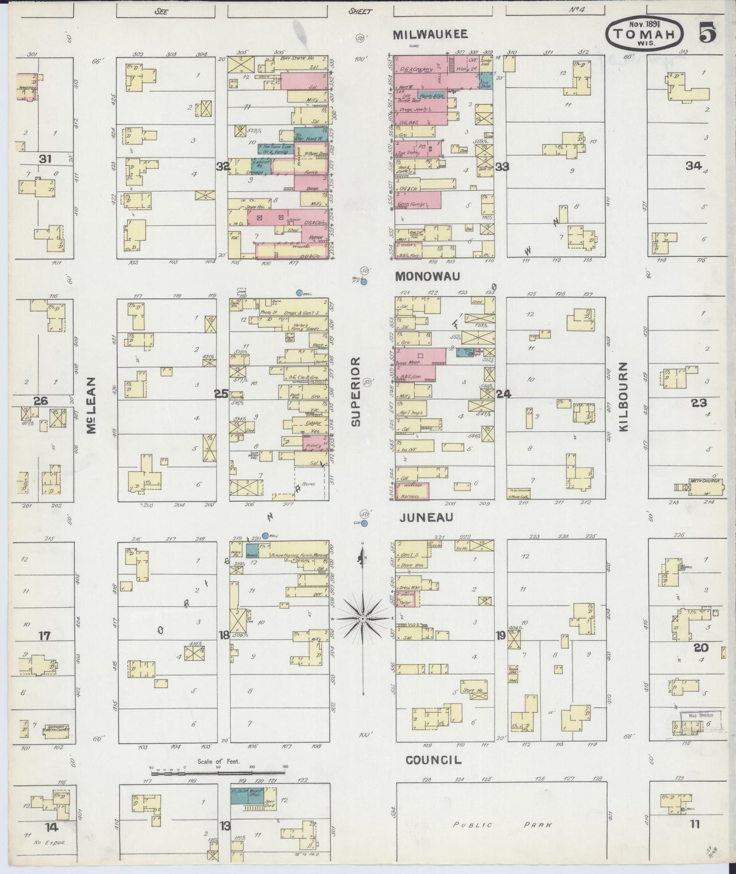 Sanborn Fire Insurance Map from Tomah, Monroe County, Wisconsin (1891), Sheet #0005 - Historic Sanborn Fire Insurance Map Print, vintage old map wall art, antique decor, genealogy gift, Wisconsin Wisconsin map