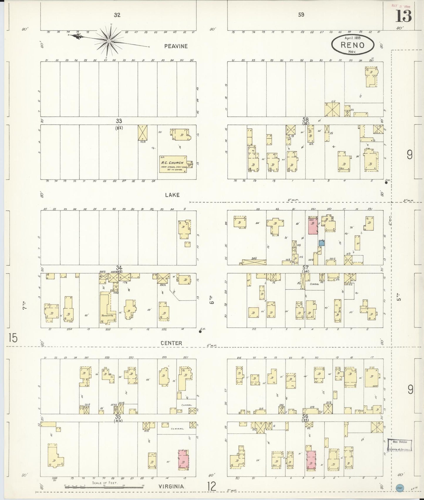 Sanborn Fire Insurance Map from Reno, Washoe County, Nevada (1899), Sheet #0013 - Historic Sanborn Fire Insurance Map Print, vintage old map wall art, antique decor, genealogy gift, Nevada Nevada map