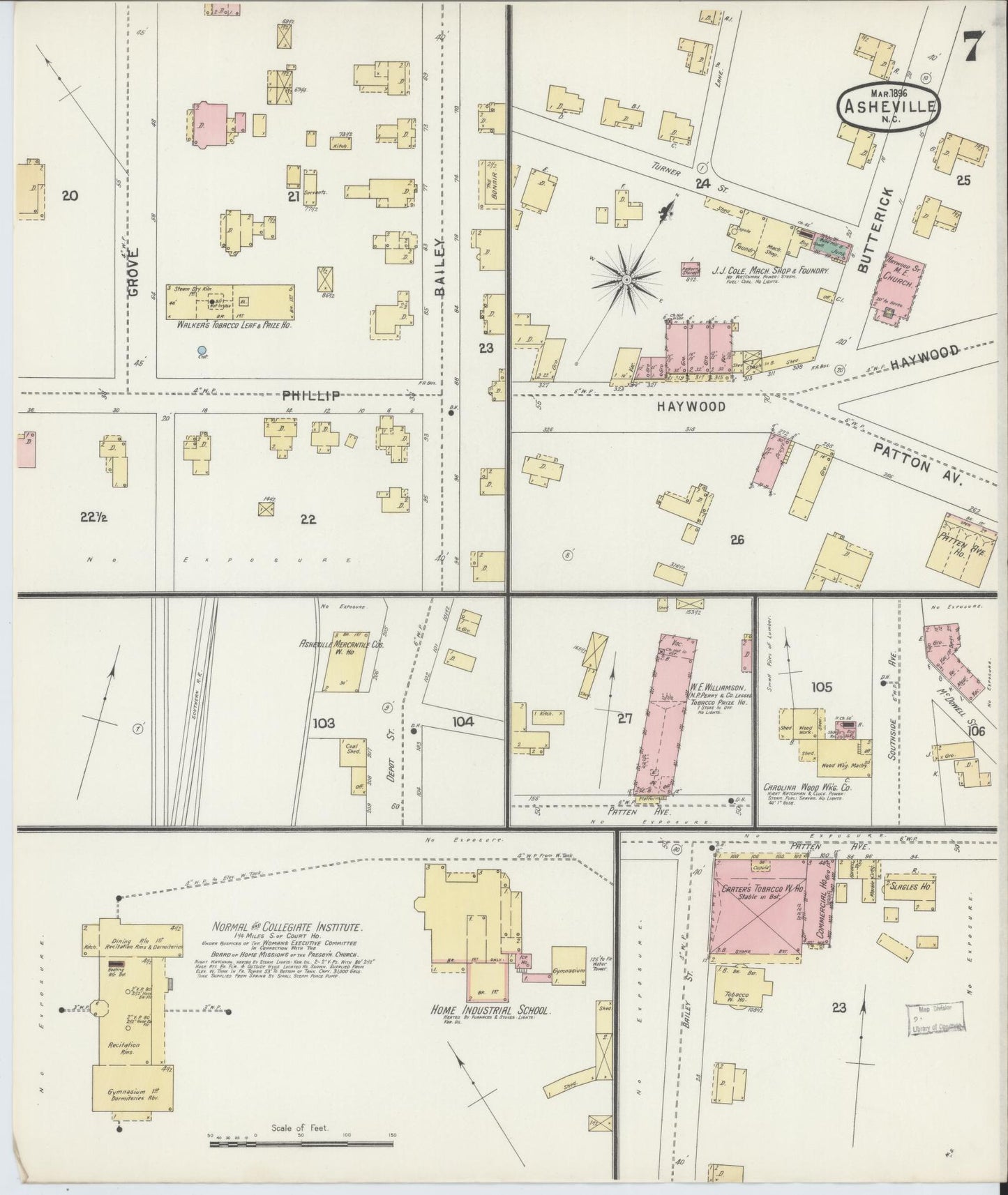 Sanborn Fire Insurance Map from Asheville, Buncombe County, North Carolina (1896), Sheet #0007 - Historic Sanborn Fire Insurance Map Print, vintage old map wall art, antique decor, genealogy gift, North Carolina North Carolina map