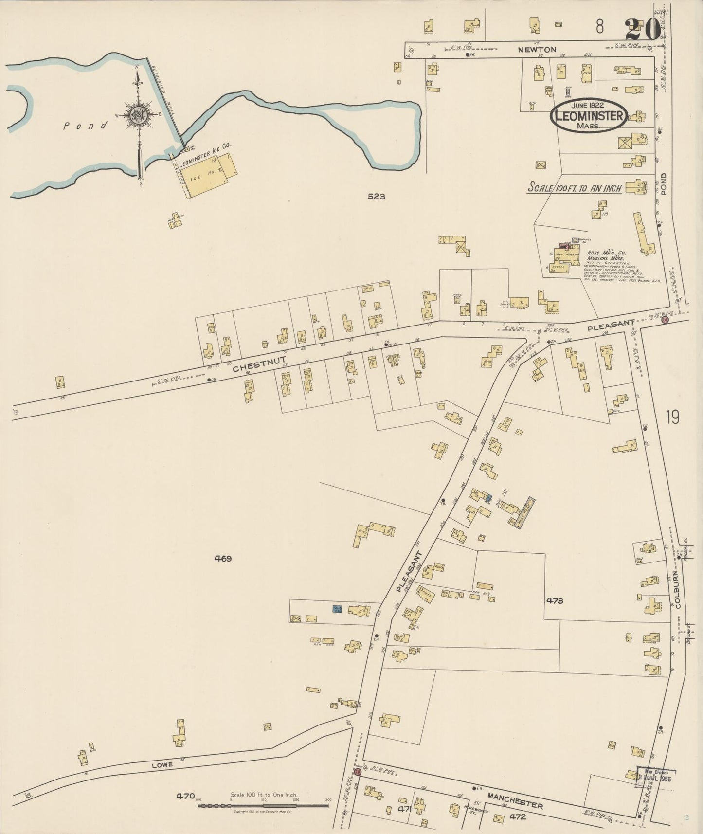 Sanborn Fire Insurance Map from Leominster, Worcester County, Massachusetts (1922), Sheet #0020 - Historic Sanborn Fire Insurance Map Print, vintage old map wall art, antique decor, genealogy gift, Massachusetts Massachusetts map
