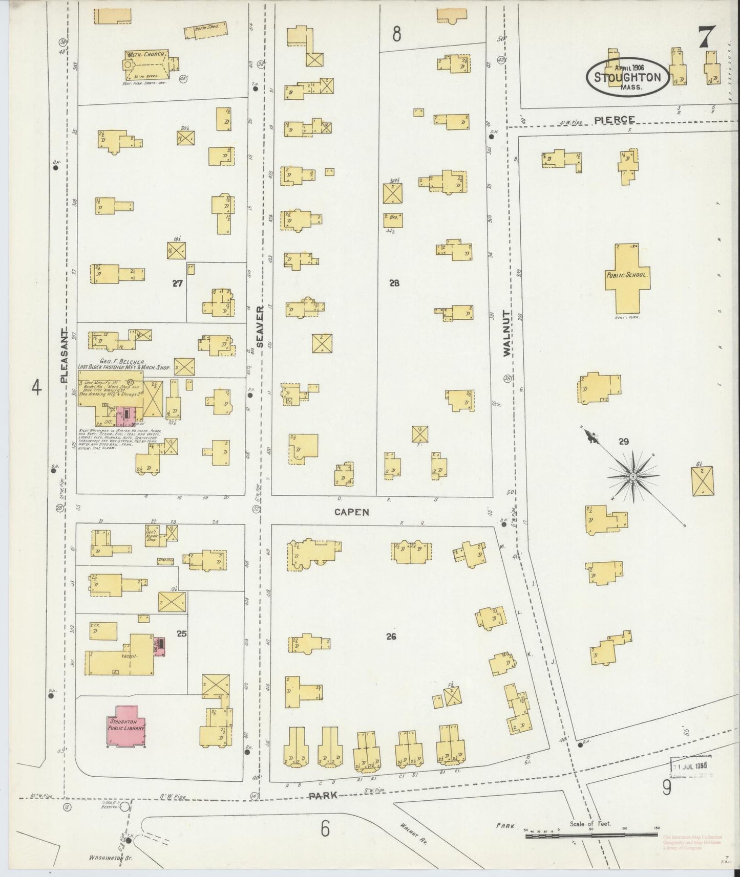 Sanborn Fire Insurance Map from Stoughton, Norfolk County, Massachusetts (1906), Sheet #0007 - Historic Sanborn Fire Insurance Map Print, vintage old map wall art, antique decor, genealogy gift, Massachusetts Massachusetts map