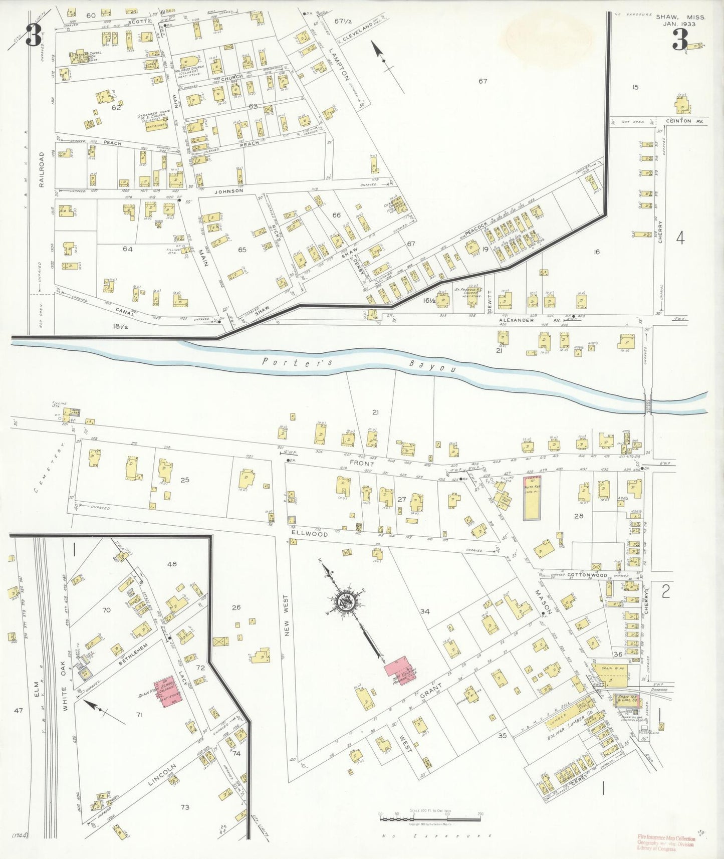 Sanborn Fire Insurance Map from Shaw, Bolivar County, Mississippi (1933), Sheet #0003 - Historic Sanborn Fire Insurance Map Print, vintage old map wall art, antique decor, genealogy gift, Mississippi Mississippi map