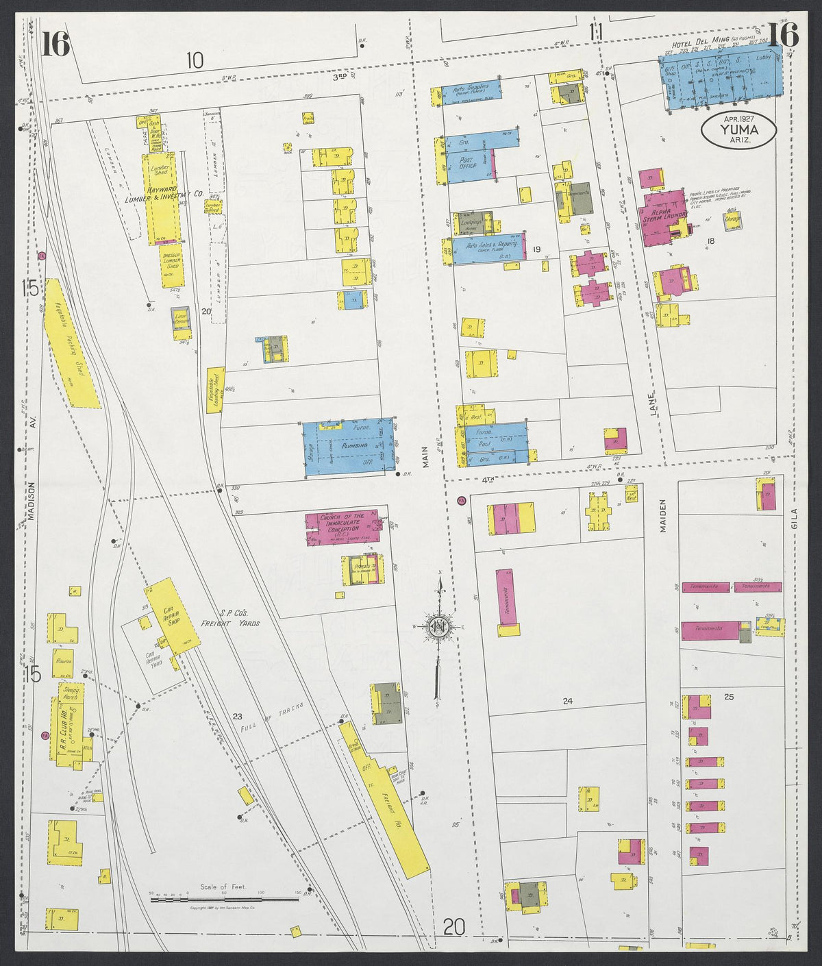 Sanborn Fire Insurance Map from Yuma, Yuma County, Arizona (1927), Sheet #0016 - Historic Sanborn Fire Insurance Map Print, vintage old map wall art, antique decor, genealogy gift, Arizona Arizona map