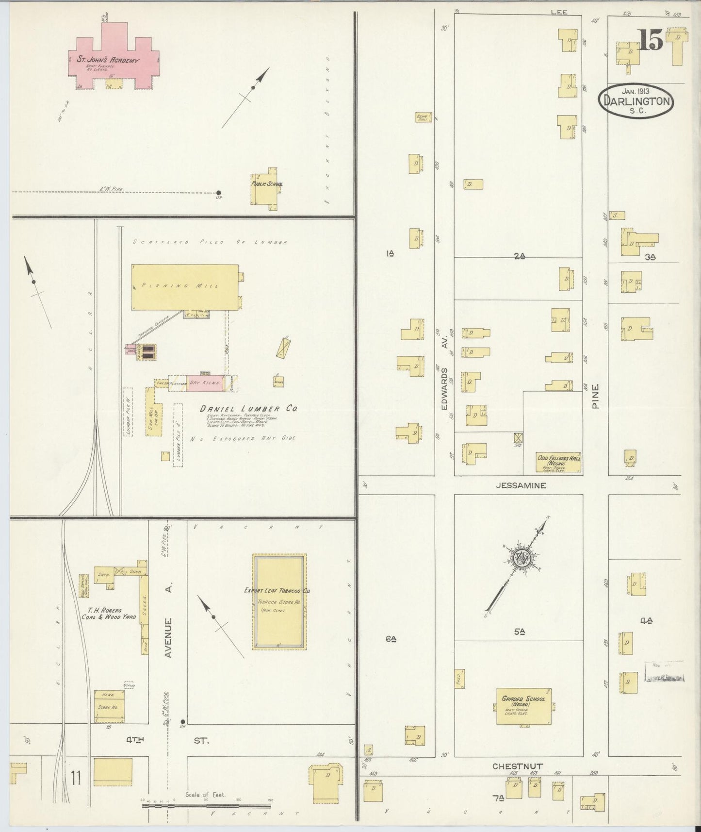 Sanborn Fire Insurance Map from Darlington, Darlington County, South Carolina (1913), Sheet #0015 - Historic Sanborn Fire Insurance Map Print, vintage old map wall art, antique decor, genealogy gift, South Carolina South Carolina map