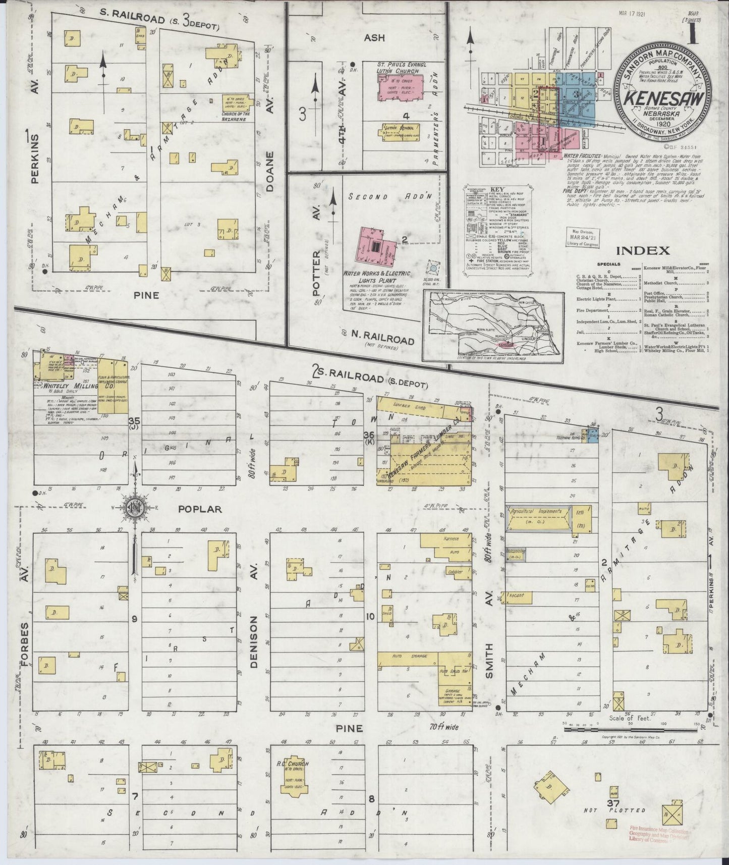 Sanborn Fire Insurance Map from Kenesaw, Adams County, Nebraska (1920), Sheet #0001 - Historic Sanborn Fire Insurance Map Print, vintage old map wall art, antique decor, genealogy gift, Nebraska Nebraska map