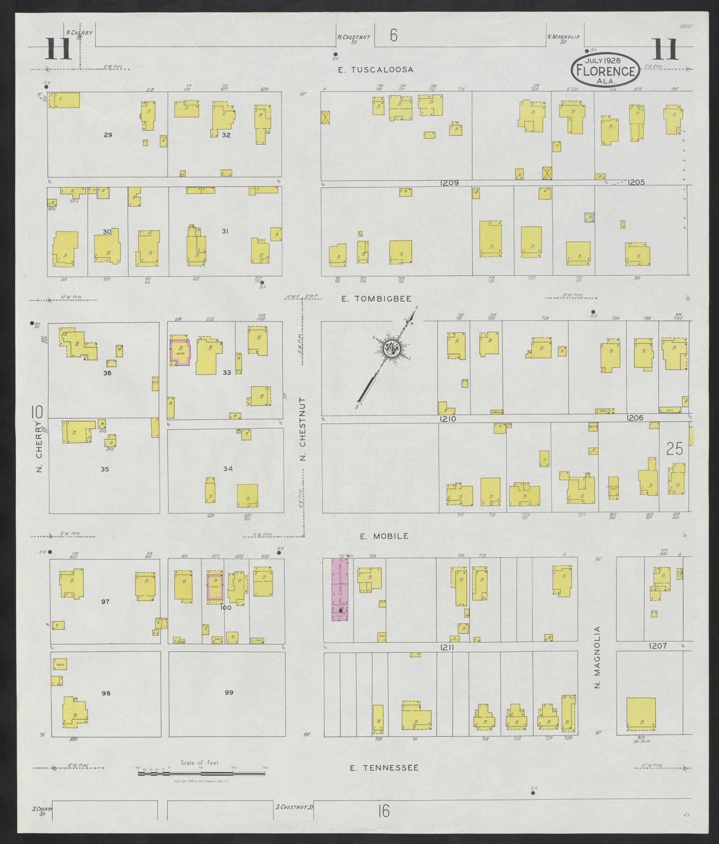 Sanborn Fire Insurance Map from Florence, Lauderdale County, Alabama (1928), Sheet #0011 - Historic Sanborn Fire Insurance Map Print, vintage old map wall art, antique decor, genealogy gift, Alabama Alabama map