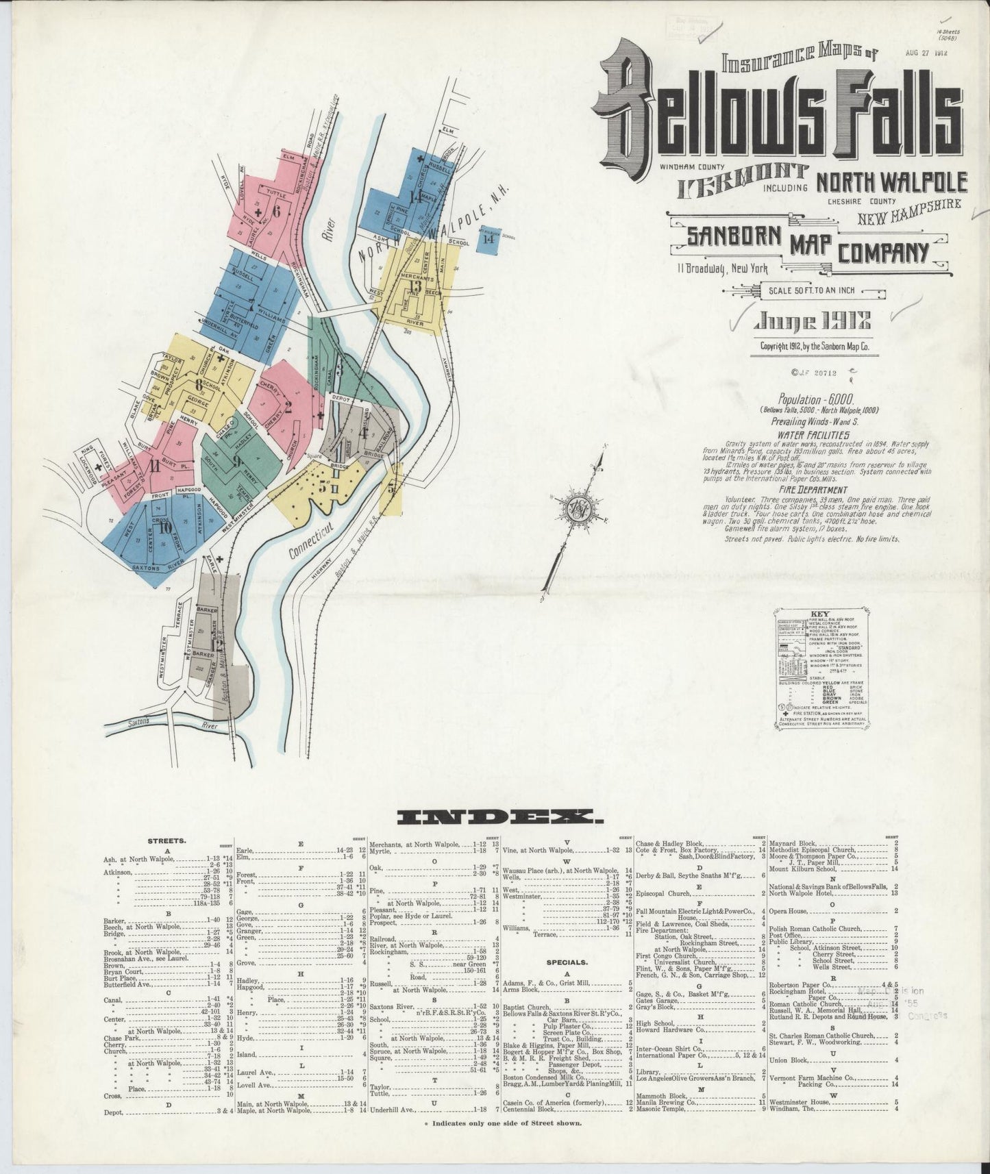 Sanborn Fire Insurance Map from Bellows Falls, Windham County, Vermont. (1912) – Historic Sanborn Fire Insurance Map Print