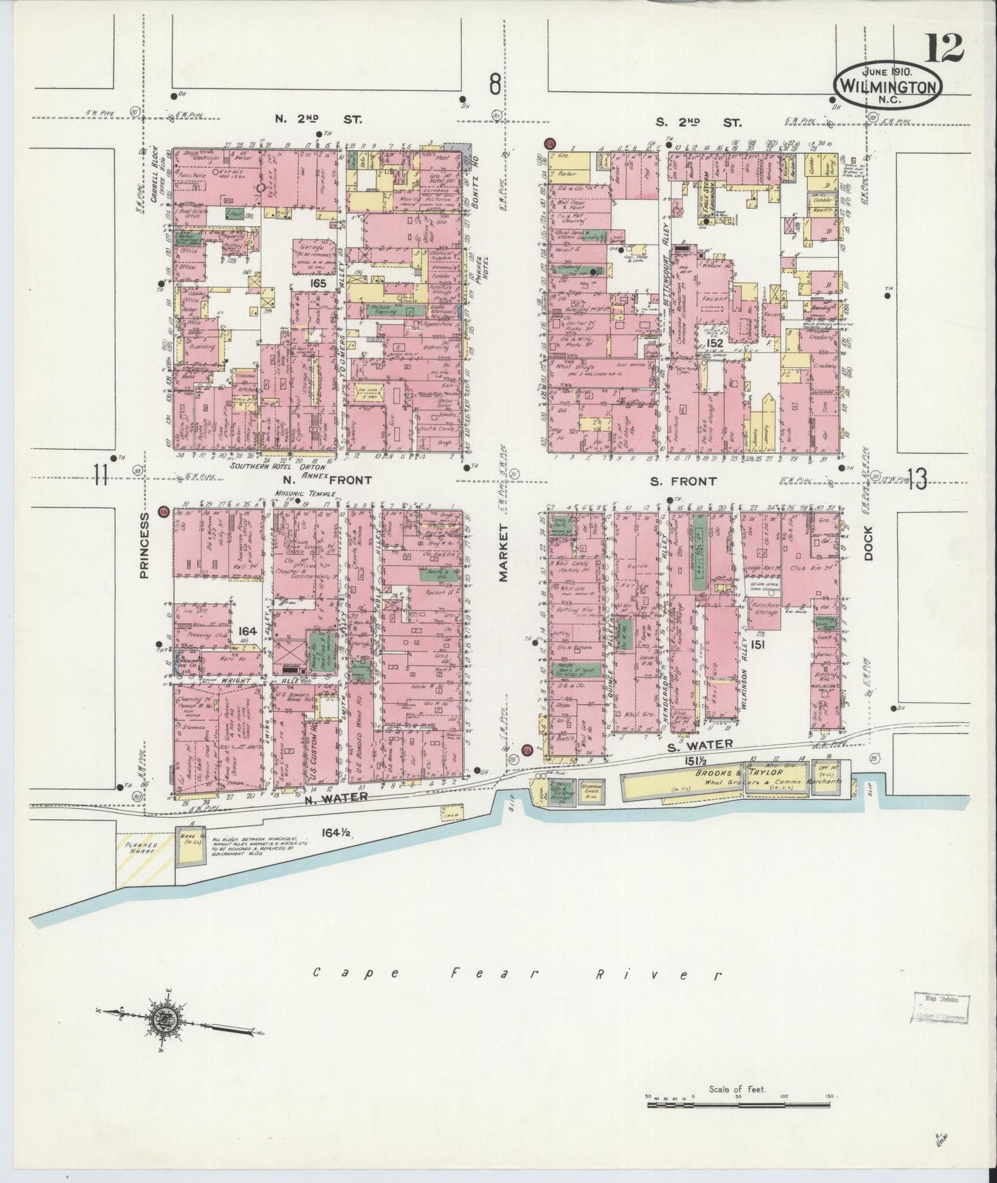 Sanborn Fire Insurance Map from Wilmington, New Hanover County, North Carolina (1910), Sheet #0012 - Historic Sanborn Fire Insurance Map Print, vintage old map wall art, antique decor, genealogy gift, North Carolina North Carolina map