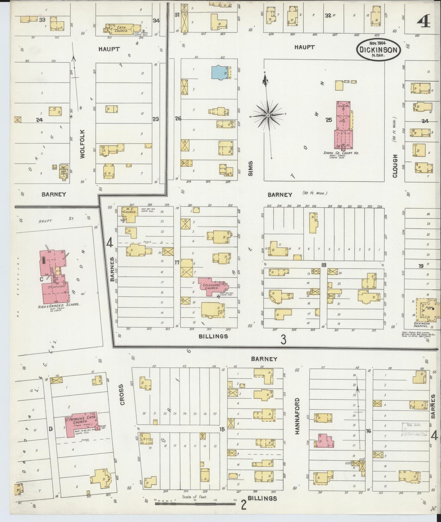 Sanborn Fire Insurance Map from Dickinson, Stark County, North Dakota (1904), Sheet #0004 - Complete Map Set gallery image, historic Sanborn map, vintage wall art, North Dakota North Dakota