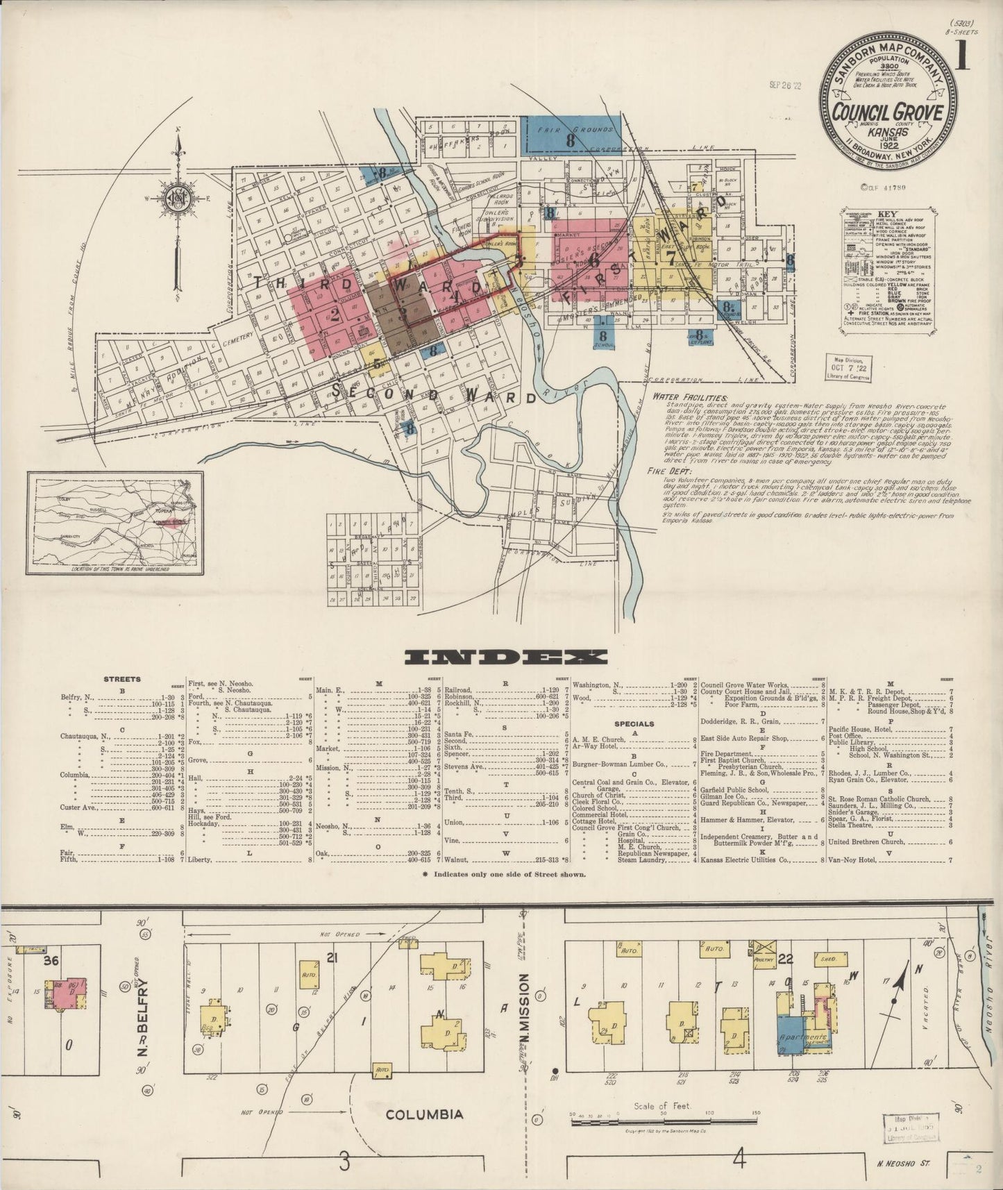 Sanborn Fire Insurance Map from Council Grove, Morris County, Kansas (1922), Sheet #0001 - Historic Sanborn Fire Insurance Map Print, vintage old map wall art, antique decor, genealogy gift, Kansas Kansas map