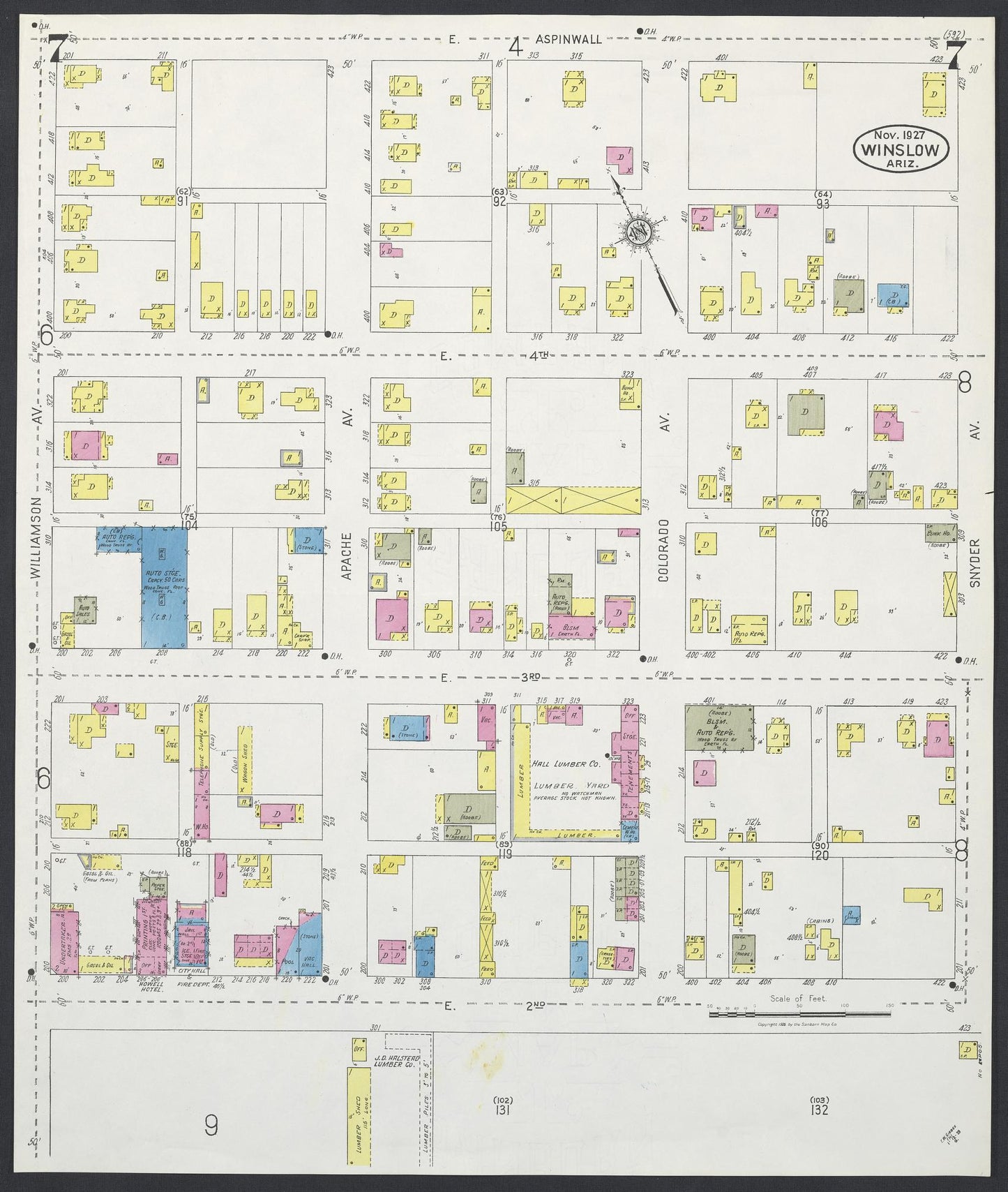 Sanborn Fire Insurance Map from Winslow, Navajo County, Arizona (1927), Sheet #0007 - Historic Sanborn Fire Insurance Map Print, vintage old map wall art, antique decor, genealogy gift, Arizona Arizona map