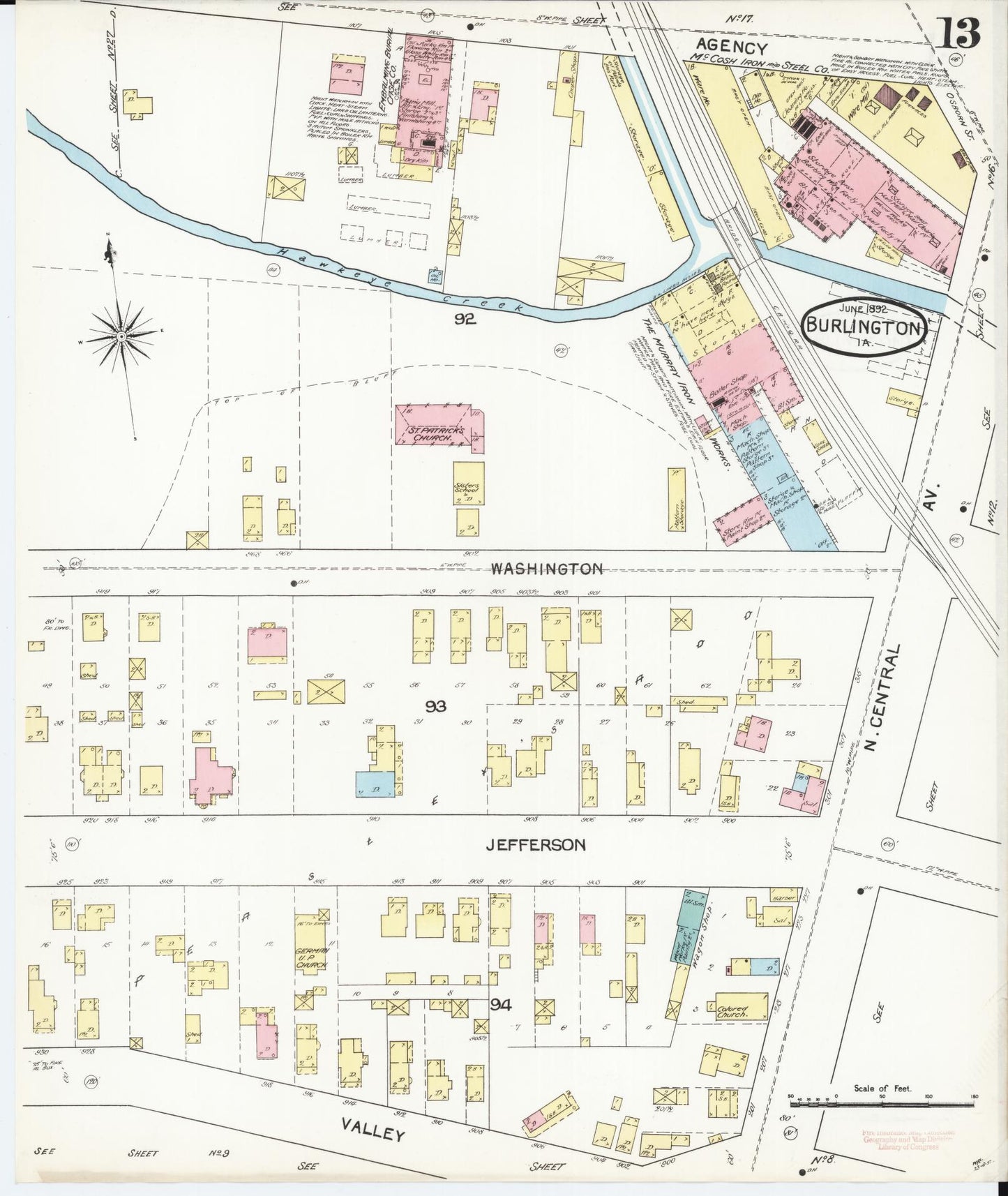 Sanborn Fire Insurance Map from Burlington, Des Moines County, Iowa (1892), Sheet #0013 - Historic Sanborn Fire Insurance Map Print, vintage old map wall art