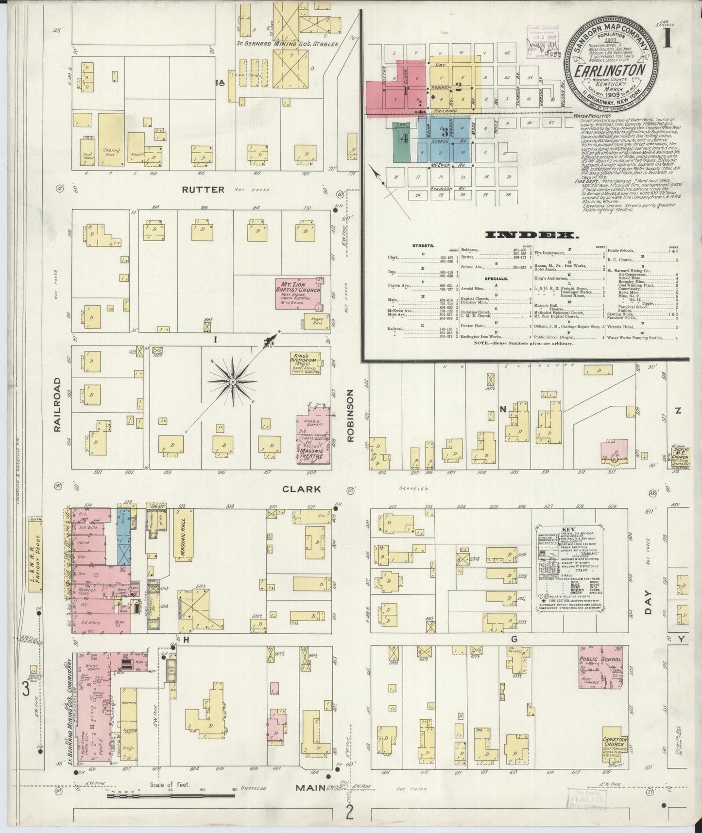 Sanborn Fire Insurance Map from Earlington, Hopkins County, Kentucky (1909), Sheet #0001 - Historic Sanborn Fire Insurance Map Print, vintage old map wall art, antique decor, genealogy gift, Kentucky Kentucky map
