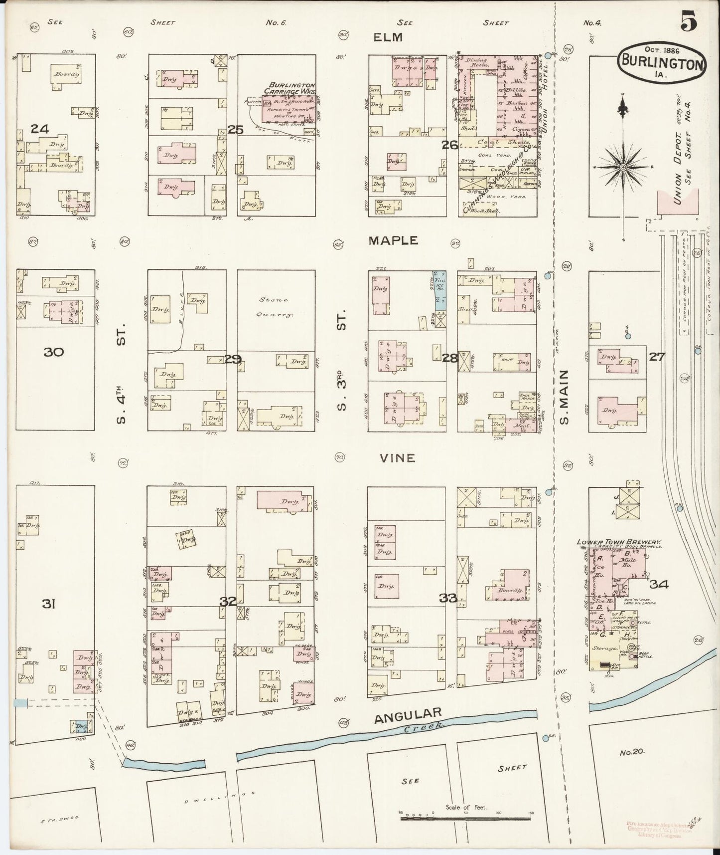 Sanborn Fire Insurance Map from Burlington, Des Moines County, Iowa (1888), Sheet #0005 - Historic Sanborn Fire Insurance Map Print, vintage old map wall art