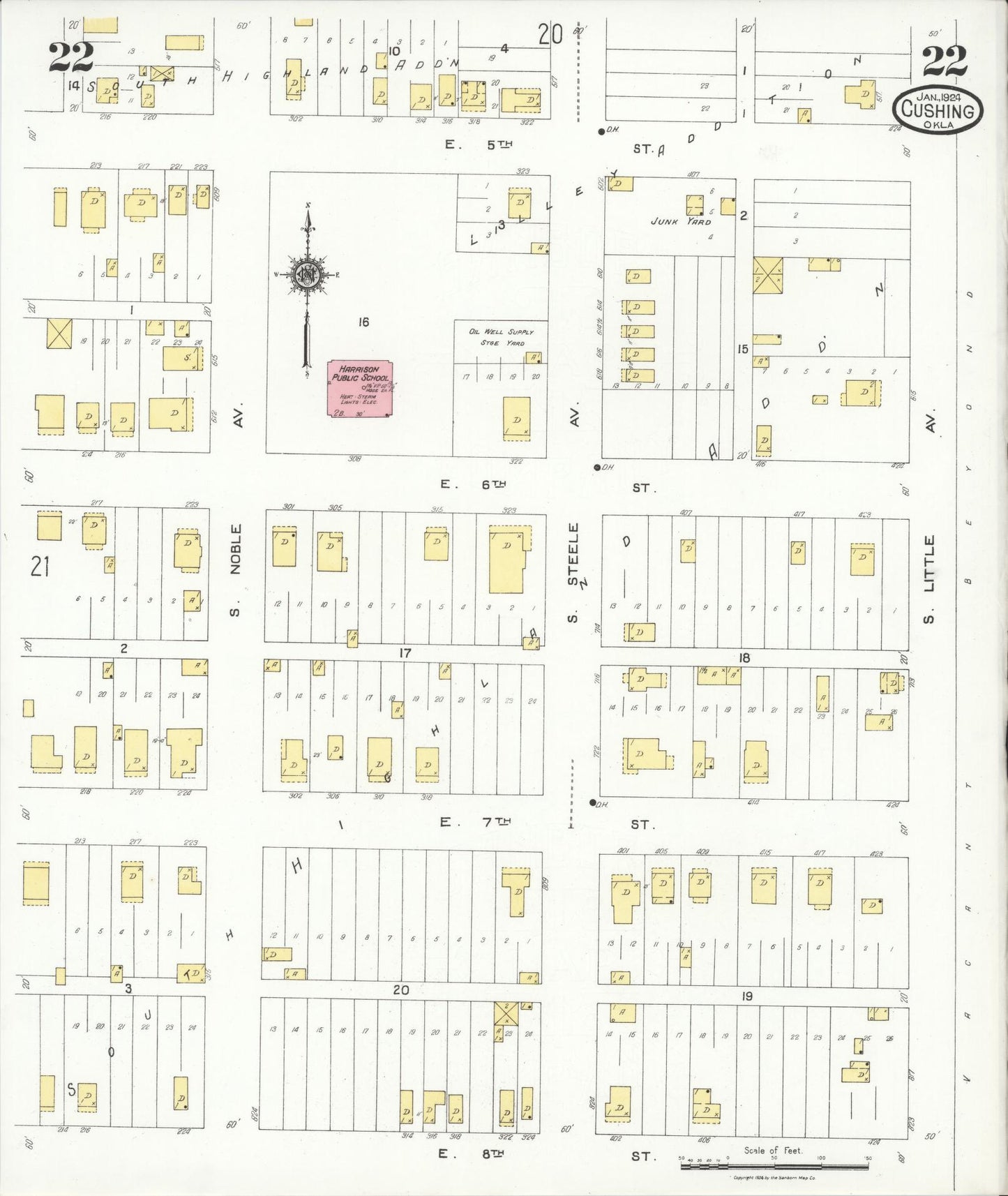 Sanborn Fire Insurance Map from Cushing, Payne County, Oklahoma (1924), Sheet #0022 - Historic Sanborn Fire Insurance Map Print, vintage old map wall art, antique decor, genealogy gift, Oklahoma Oklahoma map