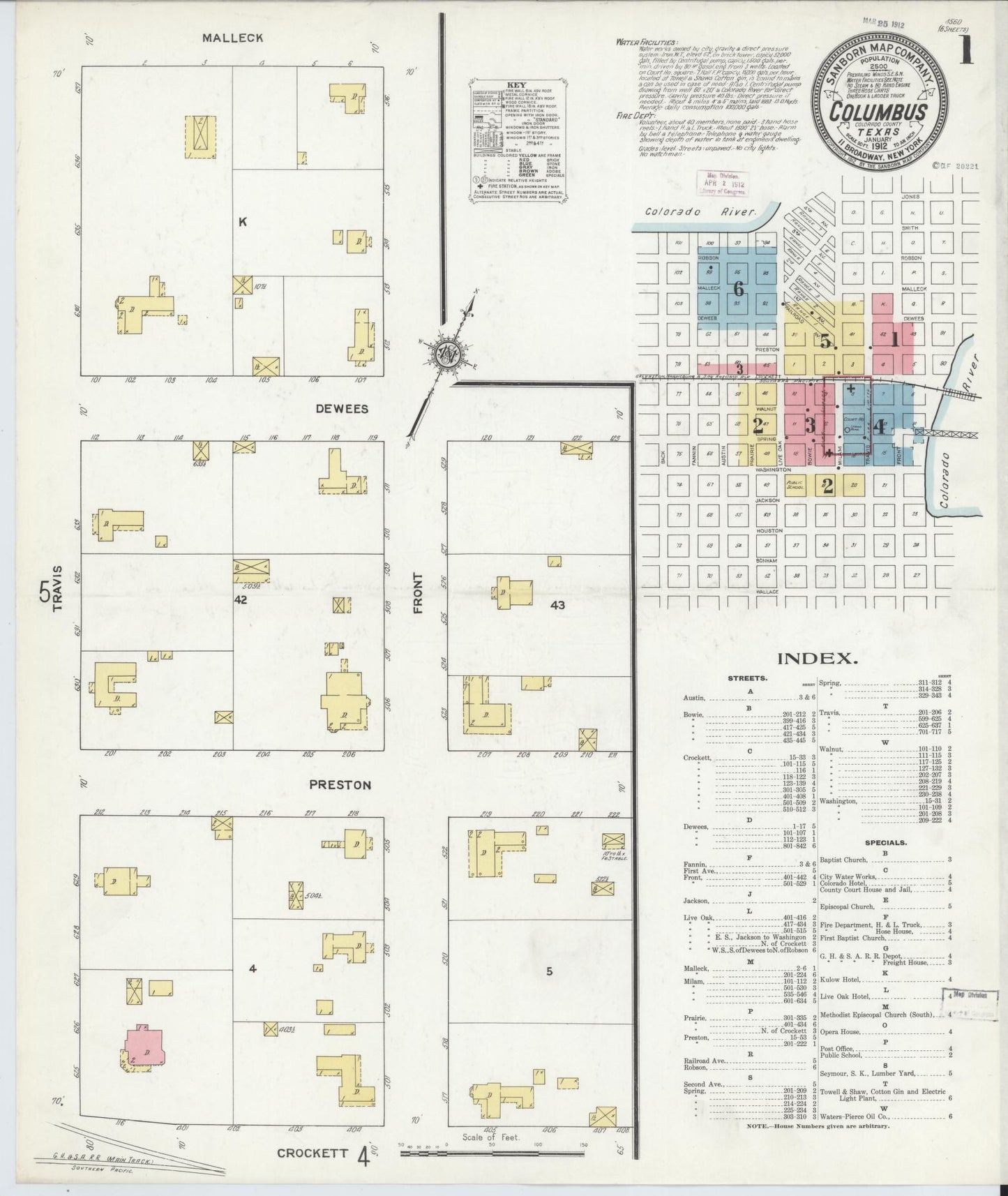 Sanborn Fire Insurance Map from Columbus, Colorado County, Texas (1912), Sheet #0001 - Historic Sanborn Fire Insurance Map Print, vintage old map wall art, antique decor, genealogy gift, Columbus Colorado map