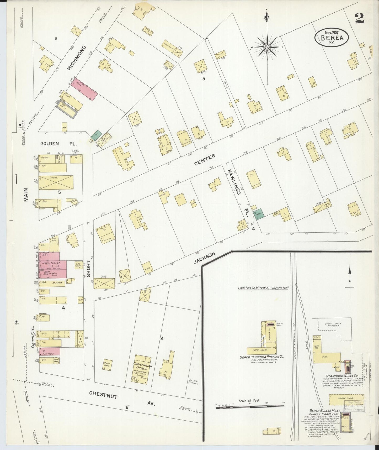 Sanborn Fire Insurance Map from Berea, Madison County, Kentucky (1907), Sheet #0002 - Historic Sanborn Fire Insurance Map Print, vintage old map wall art, antique decor, genealogy gift, Kentucky Kentucky map
