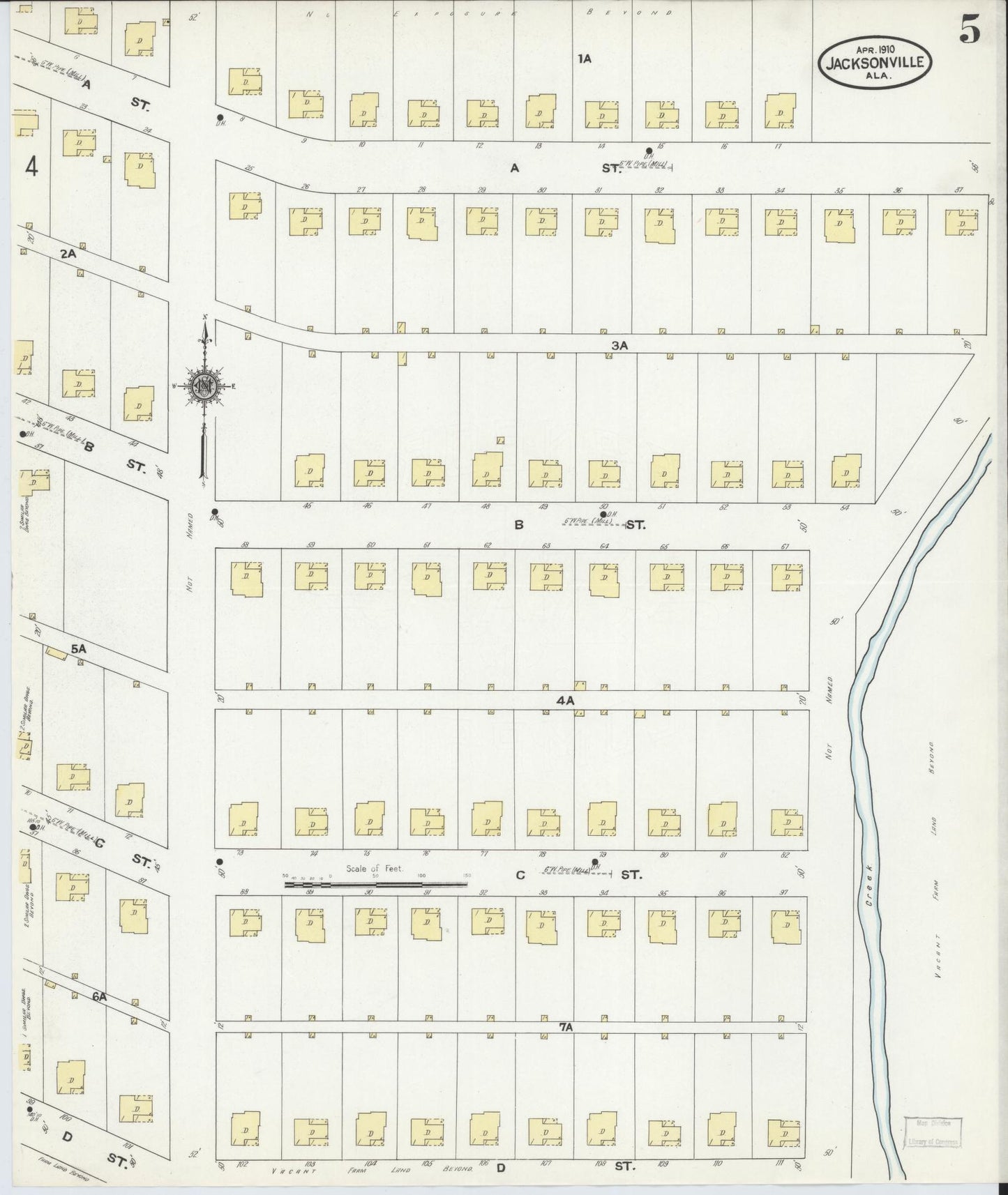 Sanborn Fire Insurance Map from Jacksonville, Calhoun County, Alabama (1910), Sheet #0005 - Historic Sanborn Fire Insurance Map Print, vintage old map wall art, antique decor, genealogy gift, Alabama Alabama map
