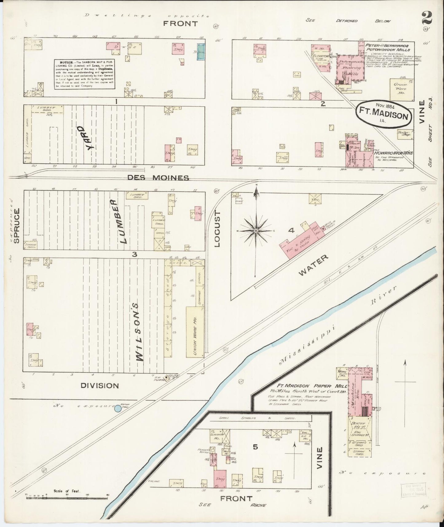 Sanborn Fire Insurance Map from Fort Madison, Lee County, Iowa (1884), Sheet #0002 - Historic Sanborn Fire Insurance Map Print, vintage old map wall art
