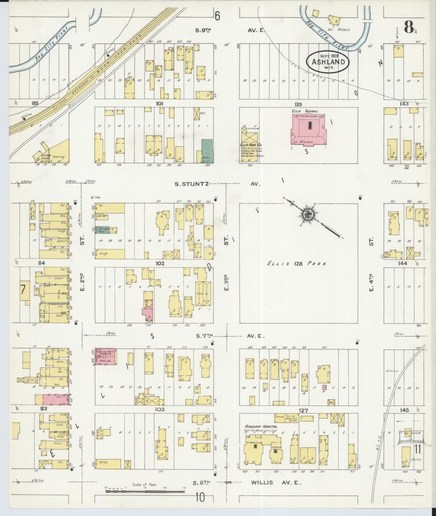 Sanborn Fire Insurance Map from Ashland, Ashland County, Wisconsin (1909), Sheet #0008 - Historic Sanborn Fire Insurance Map Print, vintage old map wall art, antique decor, genealogy gift, Wisconsin Wisconsin map
