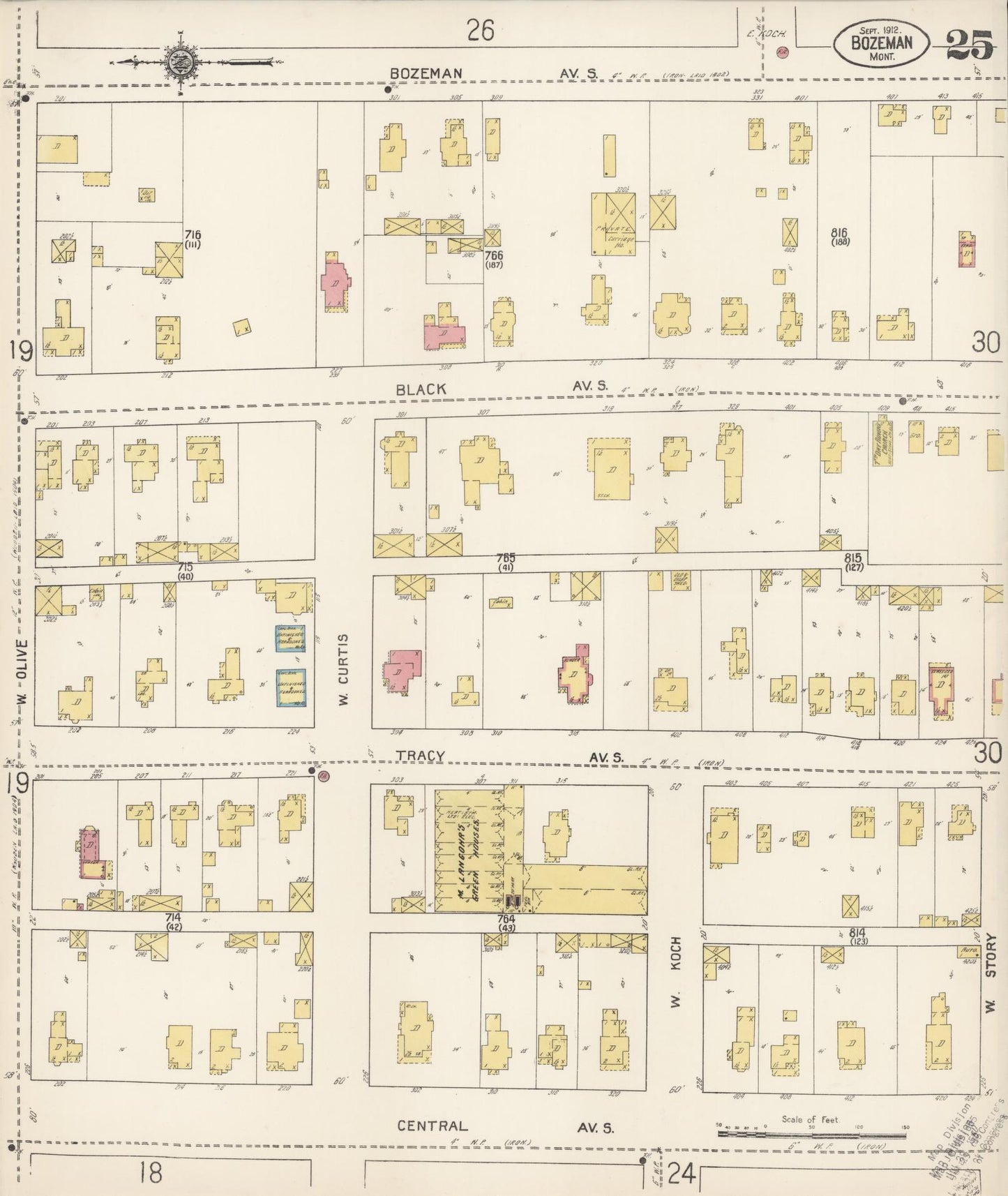 Sanborn Fire Insurance Map from Bozeman, Gallatin County, Montana (1912), Sheet #0025 - Historic Sanborn Fire Insurance Map Print, vintage old map wall art, antique decor, genealogy gift, Montana Montana map