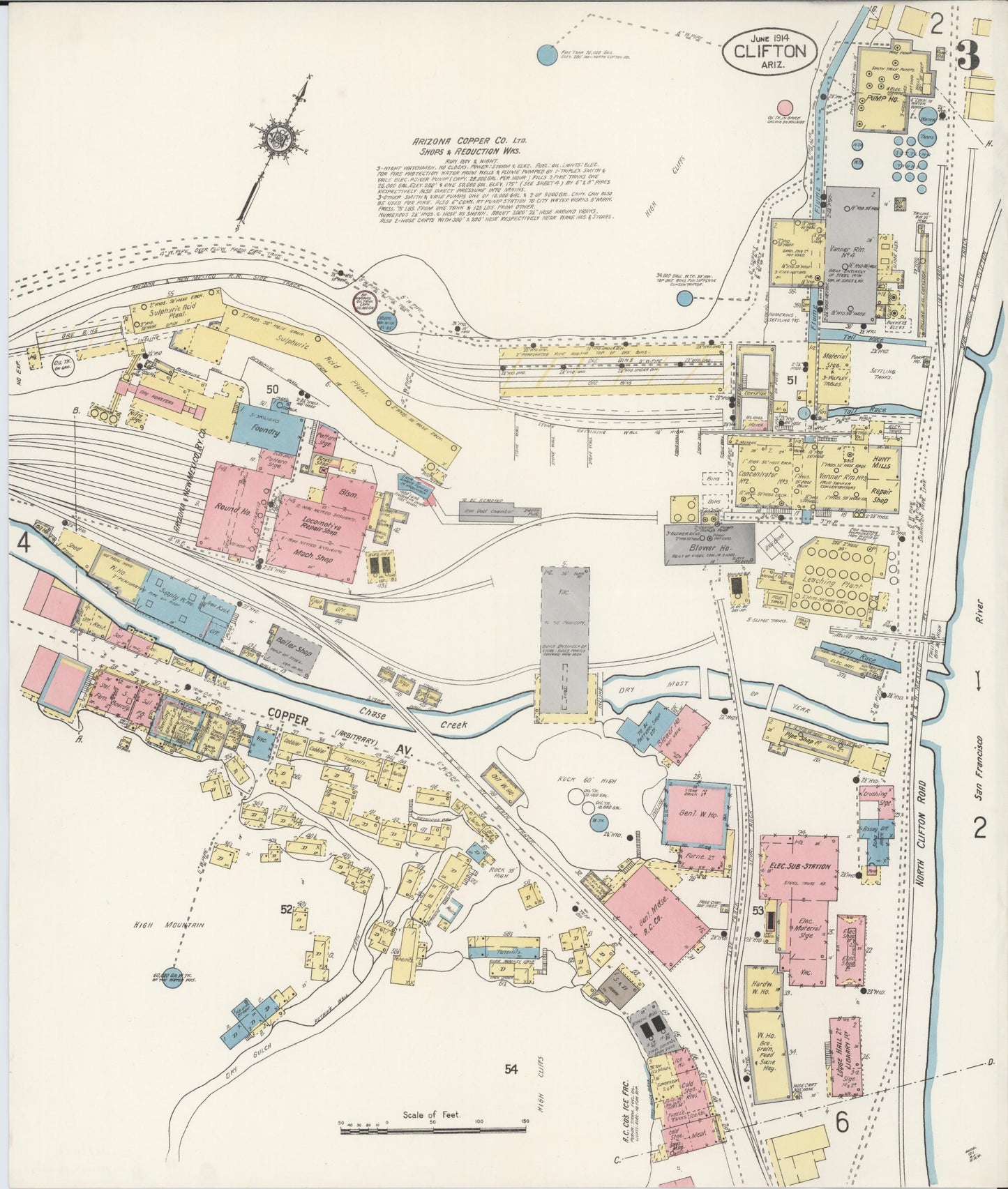 Sanborn Fire Insurance Map from Clifton, Greenlee County, Arizona (1914), Sheet #0003 - Historic Sanborn Fire Insurance Map Print, vintage old map wall art, antique decor, genealogy gift, Arizona Arizona map