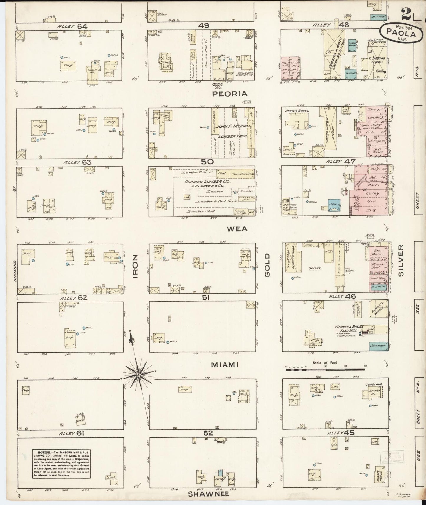 Sanborn Fire Insurance Map from Paola, Miami County, Kansas (1884), Sheet #0002 - Historic Sanborn Fire Insurance Map Print, vintage old map wall art, antique decor, genealogy gift, Kansas Kansas map