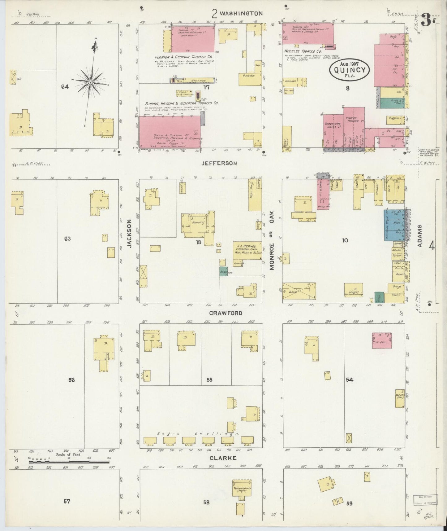 Sanborn Fire Insurance Map from Quincy, Gadsden County, Florida (1907), Sheet #0003 - Historic Sanborn Fire Insurance Map Print, vintage old map wall art, antique decor, genealogy gift, Florida Florida map