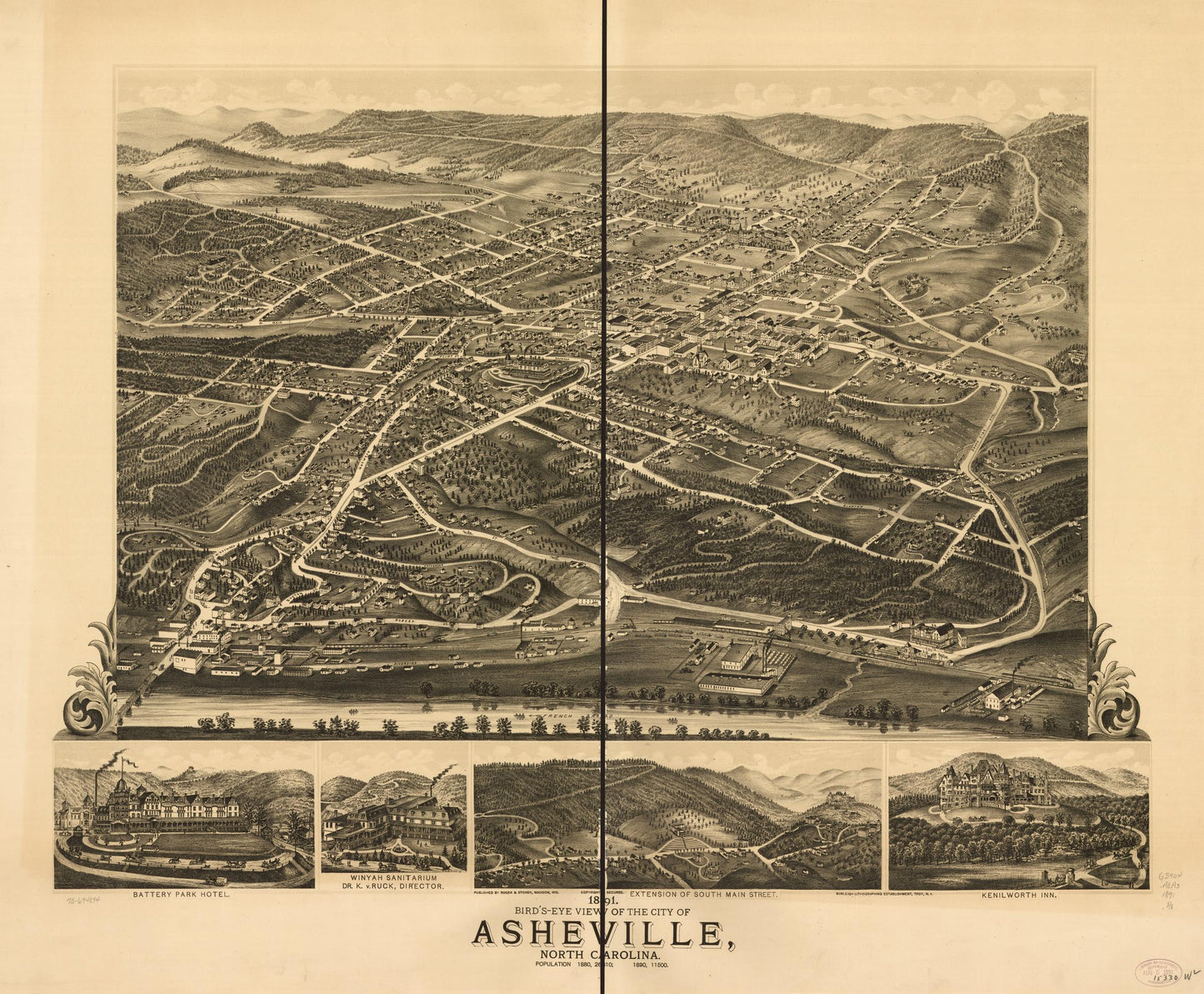 1891 bird's-eye view of the city of Asheville, North Carolina. (1891) – Historic Bird’s-Eye View Panorama Print