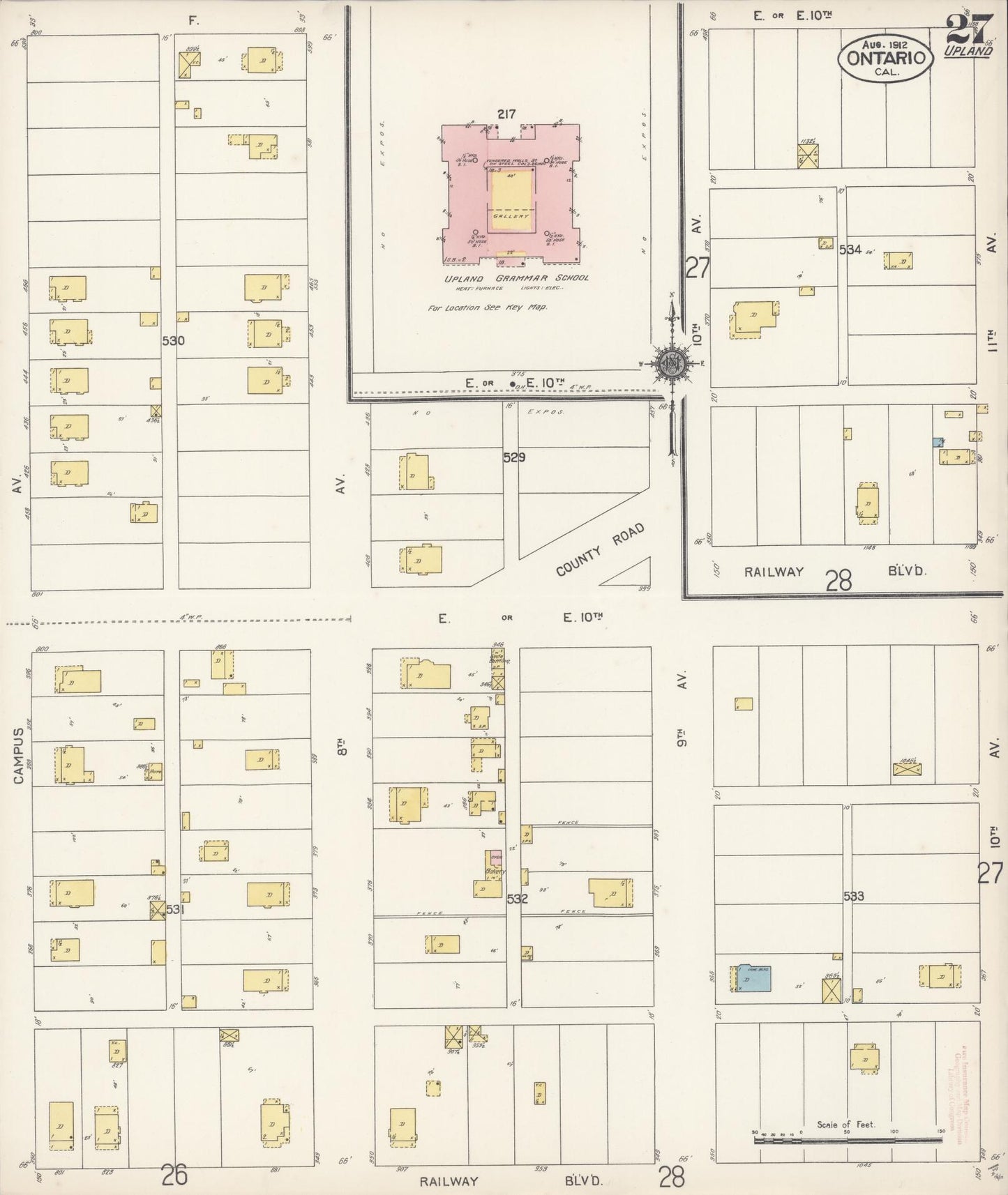 Sanborn Fire Insurance Map from Ontario, San Bernardino County, California (1912), Sheet #0027 - Historic Sanborn Fire Insurance Map Print, vintage old map wall art, antique decor, genealogy gift, California California map