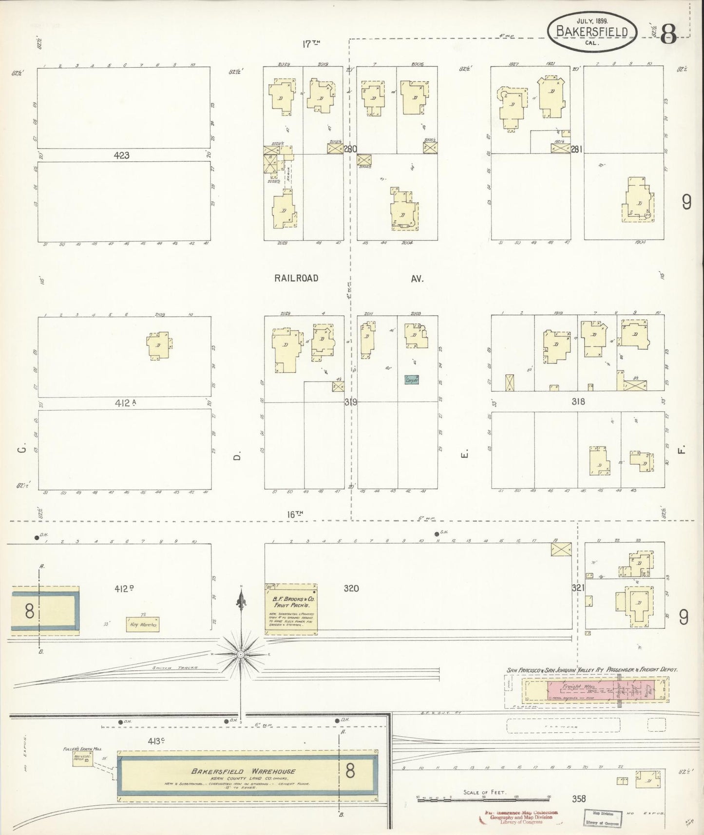 Sanborn Fire Insurance Map from Bakersfield, Kern County, California (1899), Sheet #0008 - Historic Sanborn Fire Insurance Map Print, vintage old map wall art, antique decor, genealogy gift, California California map