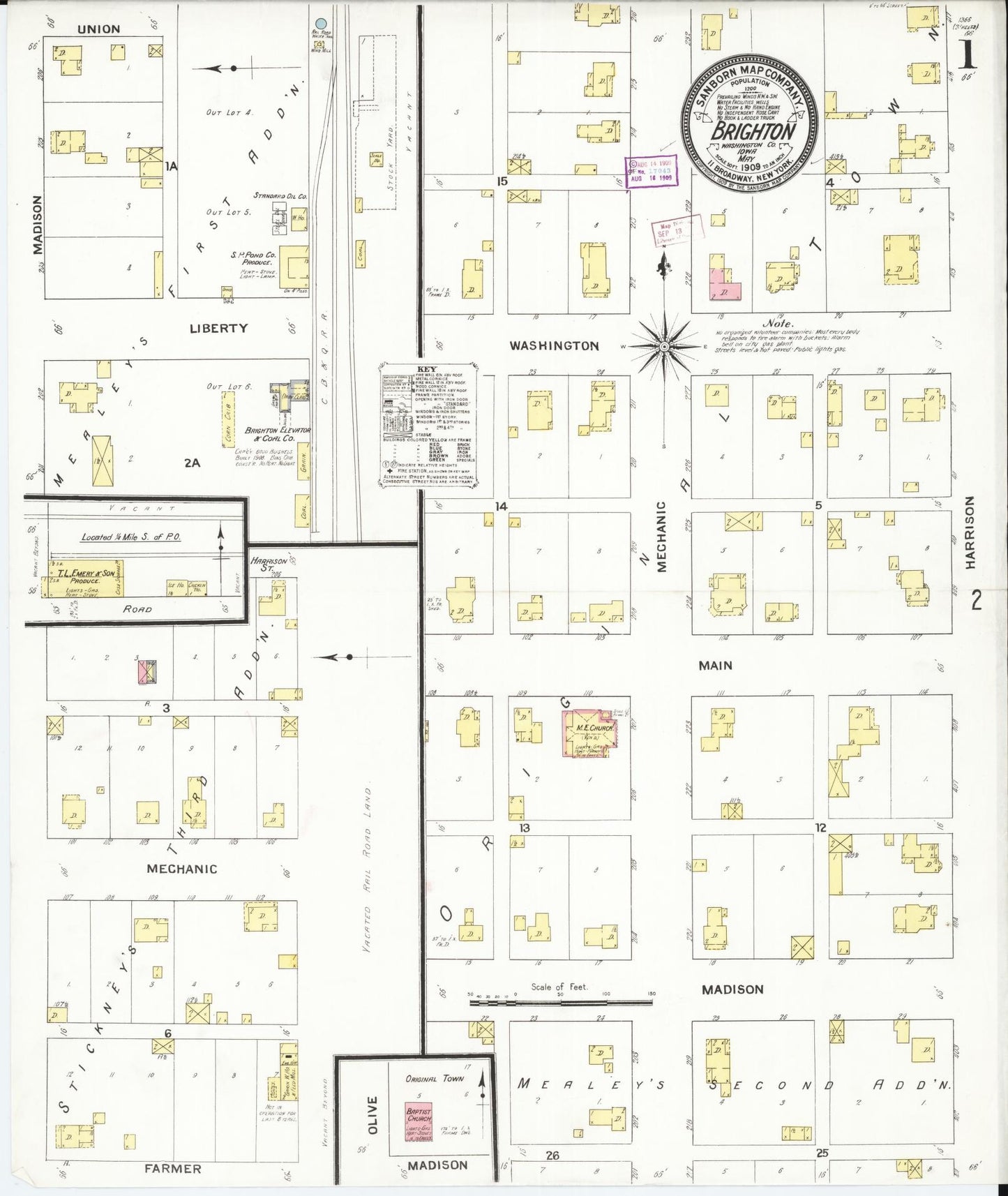 Sanborn Fire Insurance Map from Brighton, Washington County, Iowa (1909), Sheet #0001 - Historic Sanborn Fire Insurance Map Print, vintage old map wall art