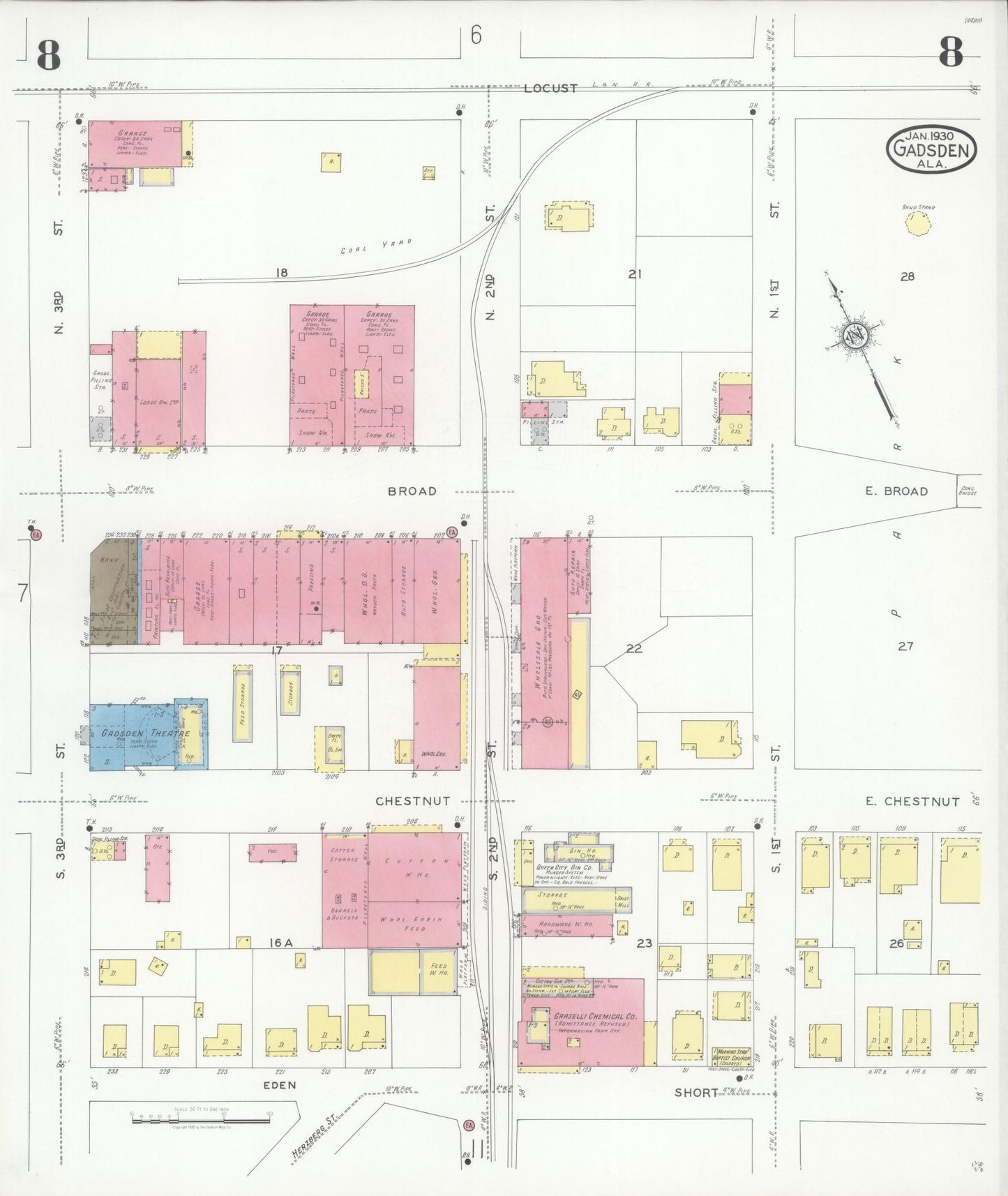 Sanborn Fire Insurance Map from Gadsden, Etowah County, Alabama (1930), Sheet #0008 - Historic Sanborn Fire Insurance Map Print, vintage old map wall art, antique decor, genealogy gift, Alabama Alabama map