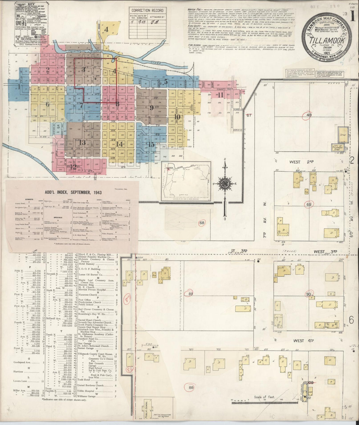 Sanborn Fire Insurance Map from Tillamook, Tillamook County, Oregon (1943), Sheet #0001 - Historic Sanborn Fire Insurance Map Print, vintage old map wall art, antique decor, genealogy gift, Oregon Oregon map