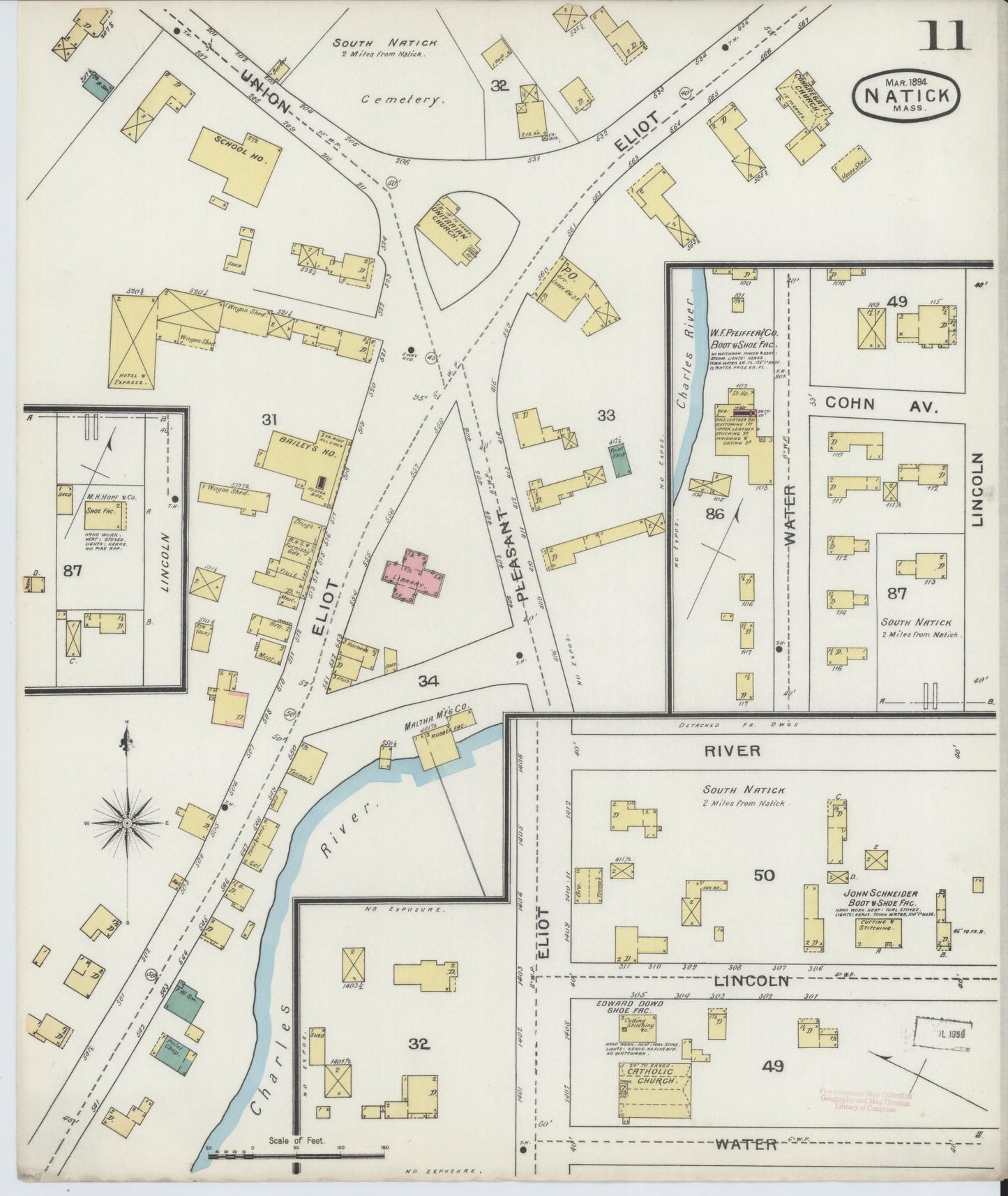 Sanborn Fire Insurance Map from Natick, Middlesex County, Massachusetts (1894), Sheet #0011 - Historic Sanborn Fire Insurance Map Print, vintage old map wall art, antique decor, genealogy gift, Massachusetts Massachusetts map