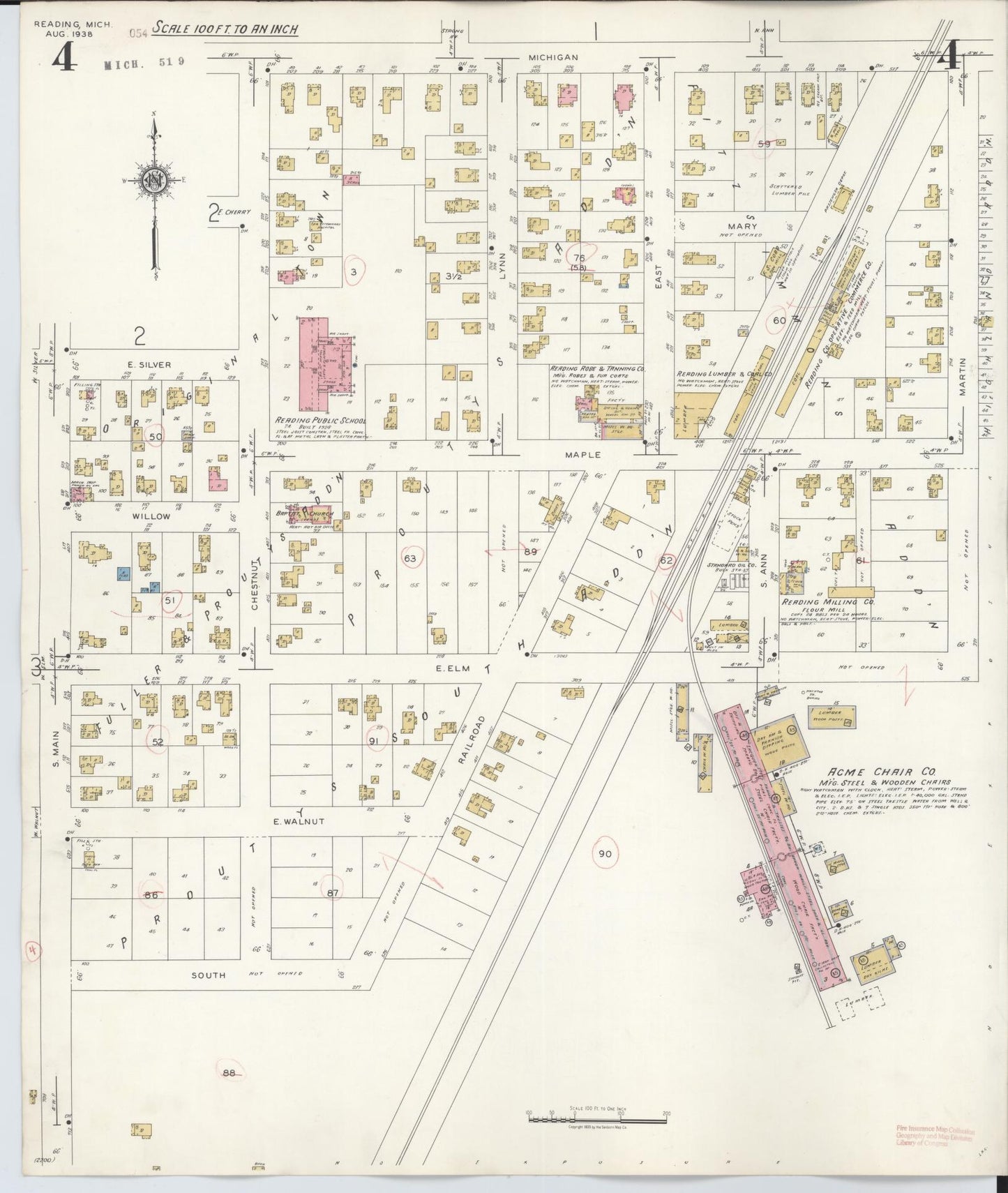 Sanborn Fire Insurance Map from Reading, Hillsdale County, Michigan (1938), Sheet #0004 - Complete Map Set gallery image, historic Sanborn map, vintage wall art, Michigan Michigan