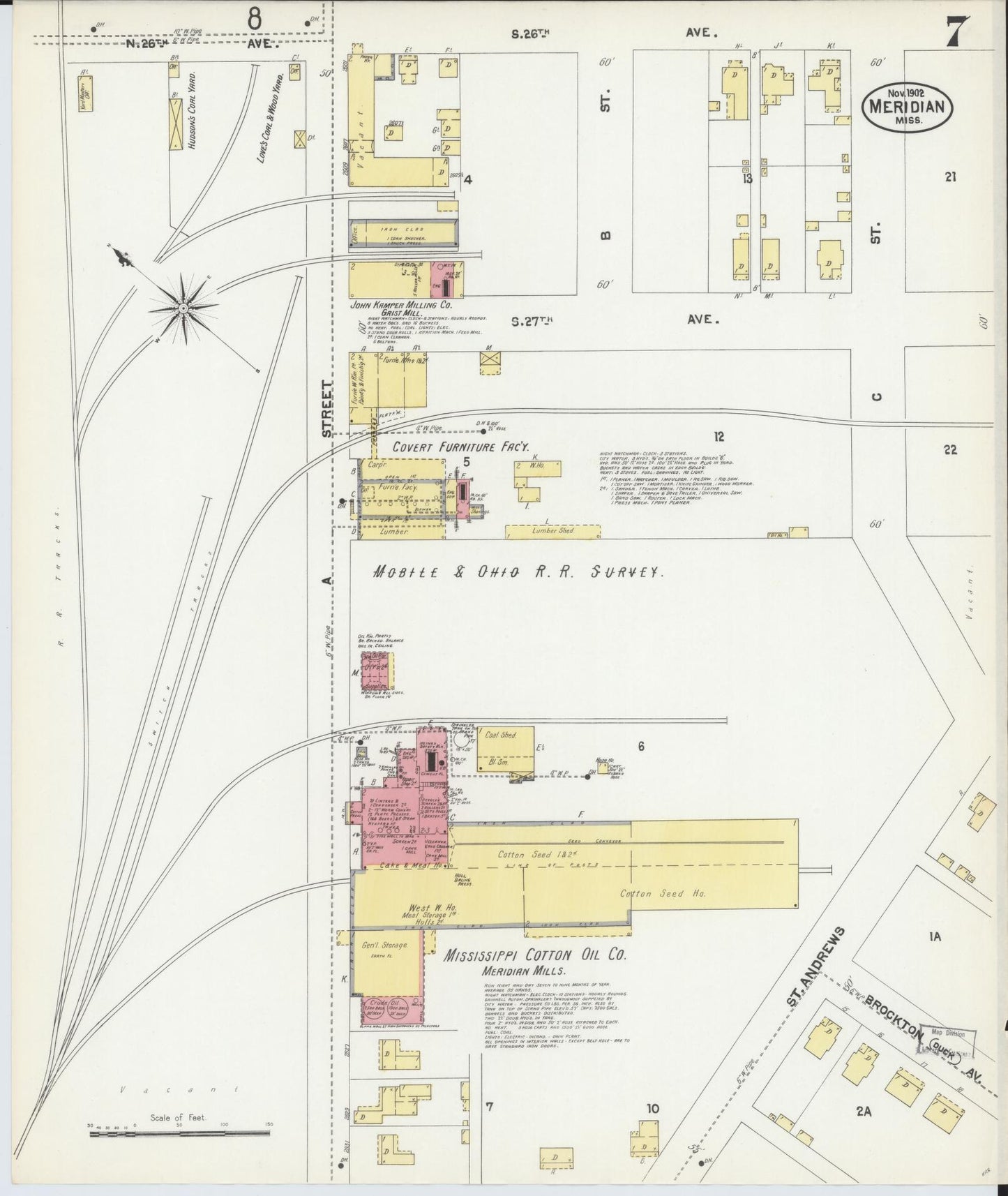 Sanborn Fire Insurance Map from Meridian, Lauderdale County, Mississippi (1902), Sheet #0007 - Historic Sanborn Fire Insurance Map Print, vintage old map wall art, antique decor, genealogy gift, Mississippi Mississippi map