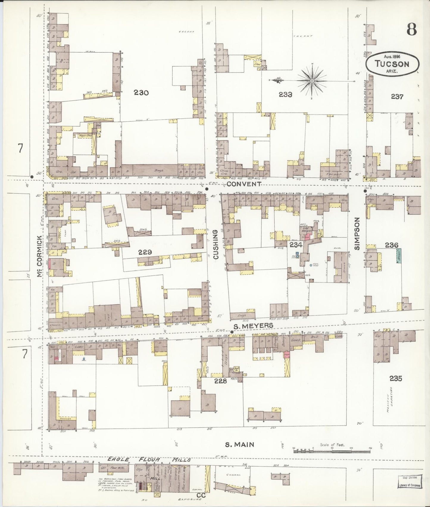 Sanborn Fire Insurance Map from Tucson, Pima County, Arizona (1896), Sheet #0008 - Historic Sanborn Fire Insurance Map Print, vintage old map wall art, antique decor, genealogy gift, Arizona Arizona map