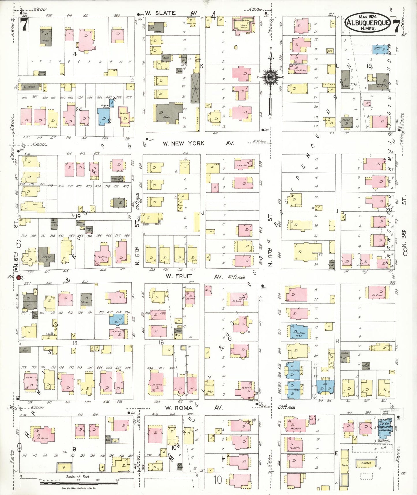Sanborn Fire Insurance Map from Albuquerque, Bernalillo County, New Mexico (1924), Sheet #0007 - Historic Sanborn Fire Insurance Map Print, vintage old map wall art, antique decor, genealogy gift, New Mexico New Mexico map